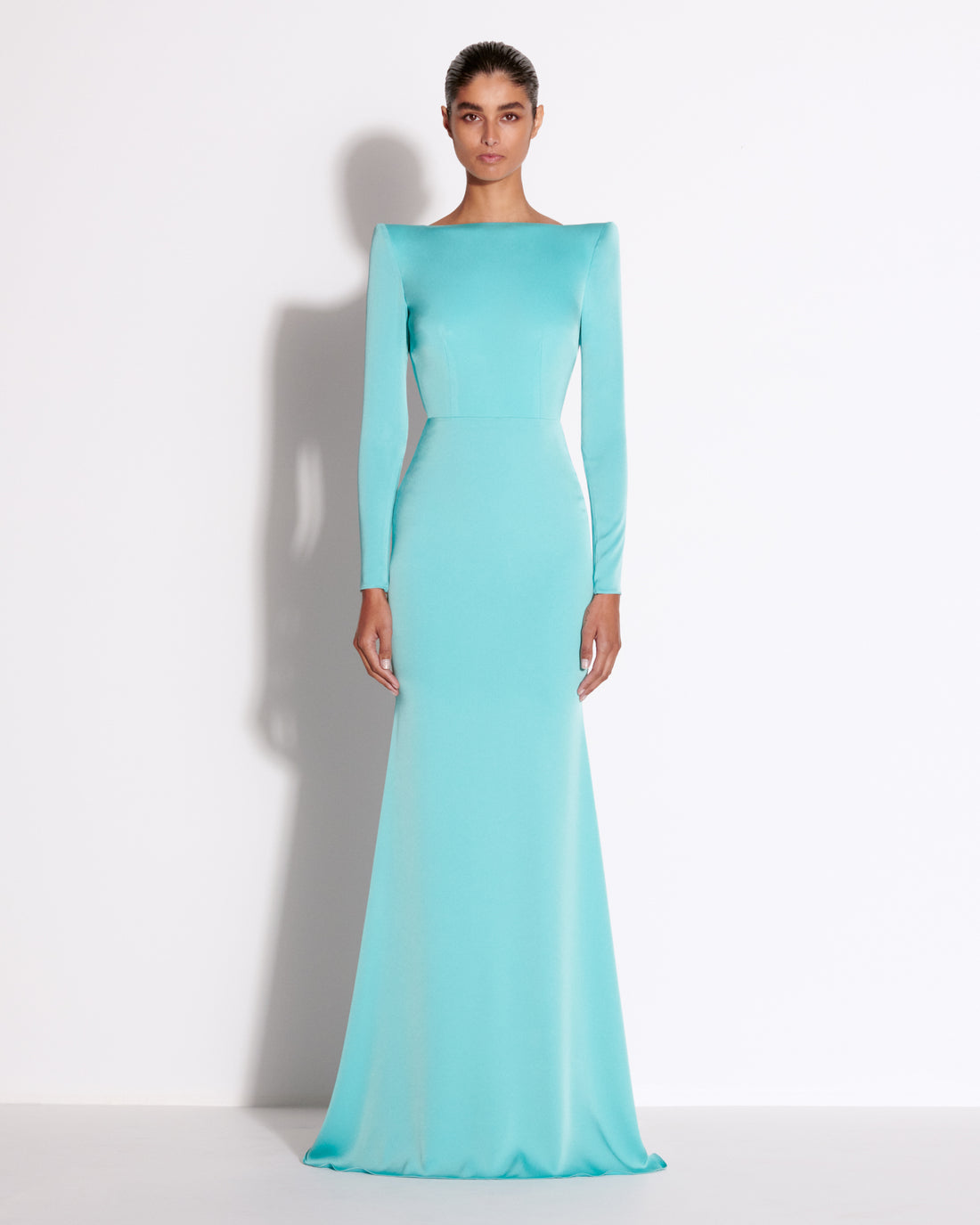 Long Sleeve Open Back Gown in Satin Crepe