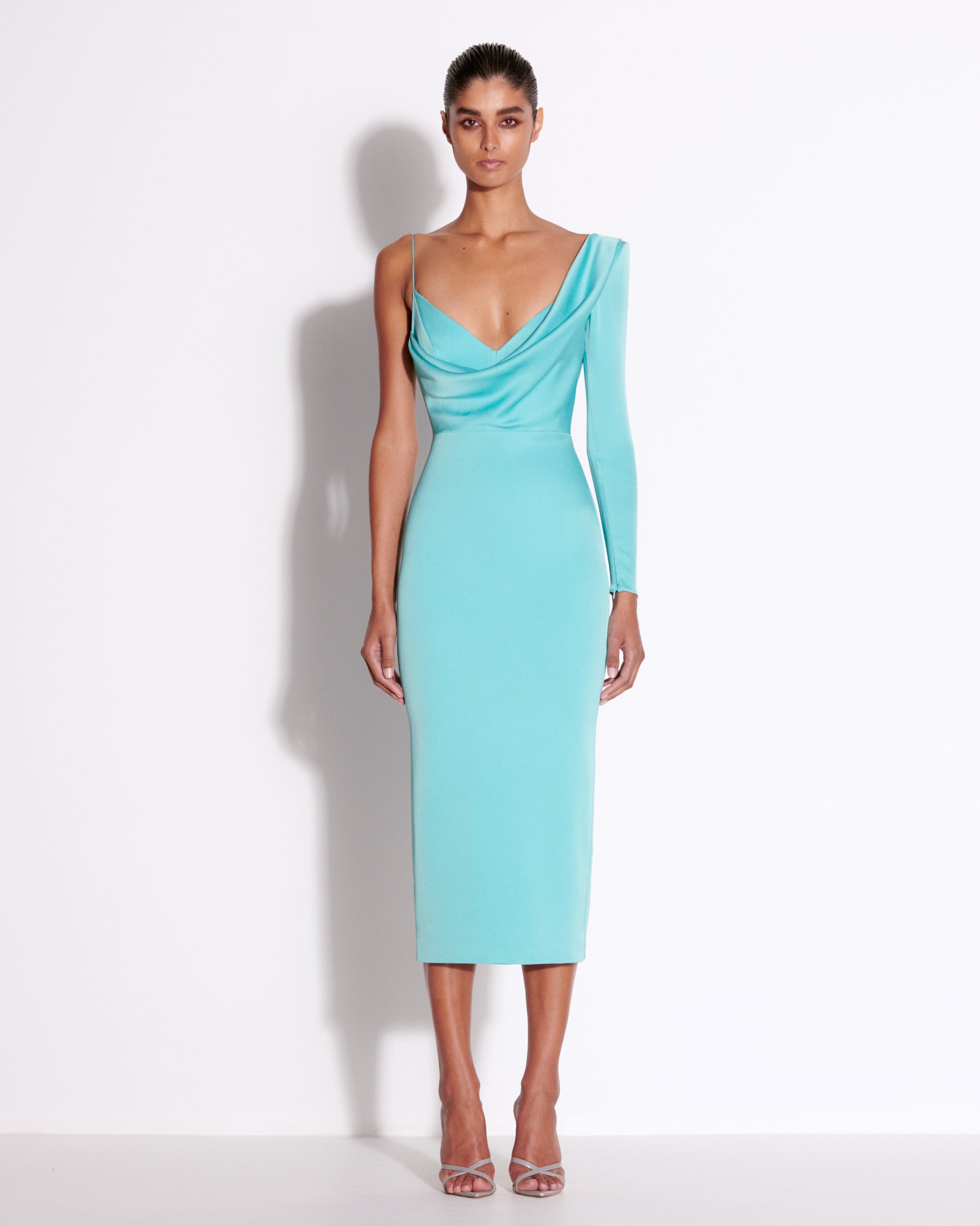 Asymmetric One Shoulder Drape Dress in Satin Crepe