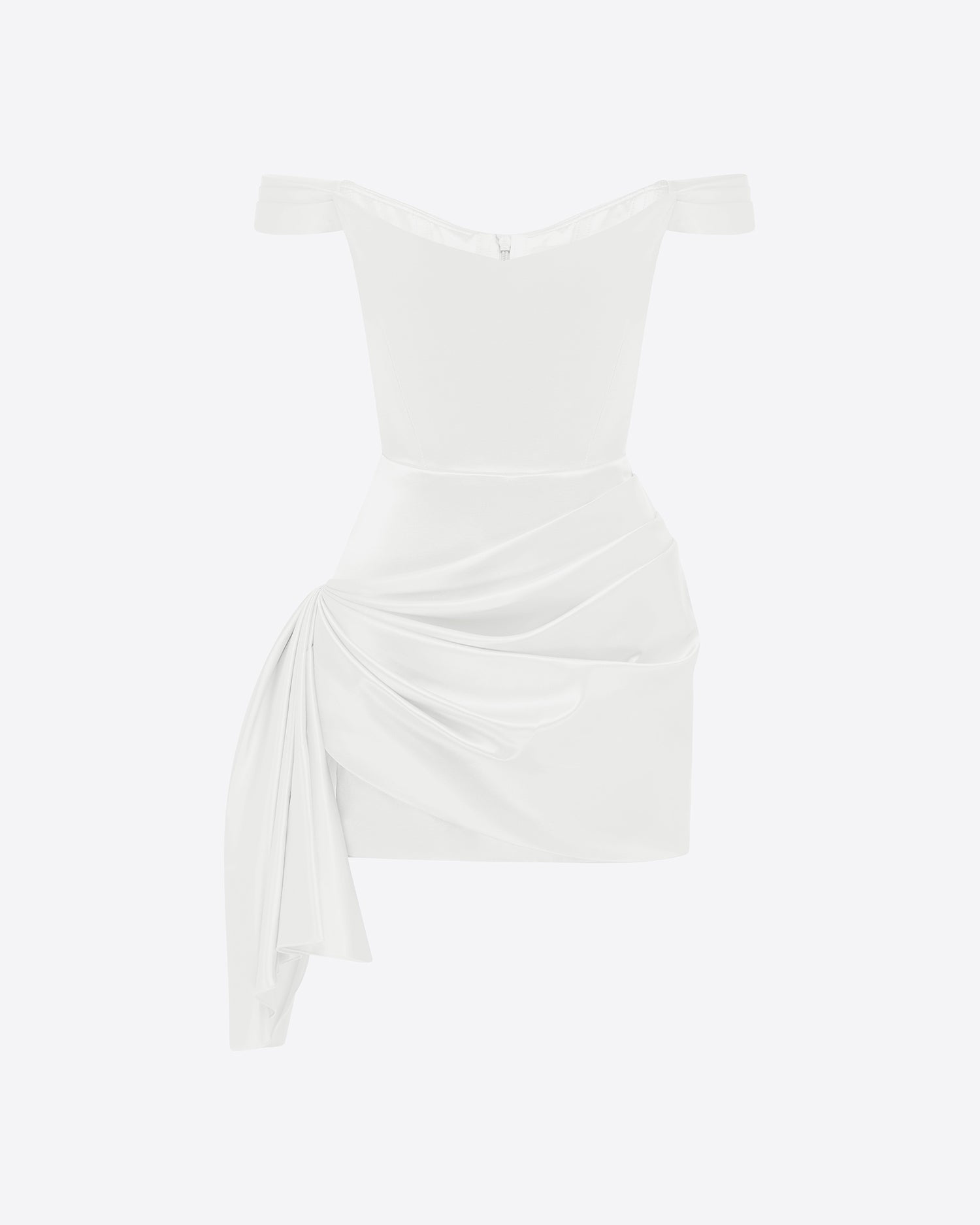 Off Shoulder Draped Mini Dress in Duchess Satin