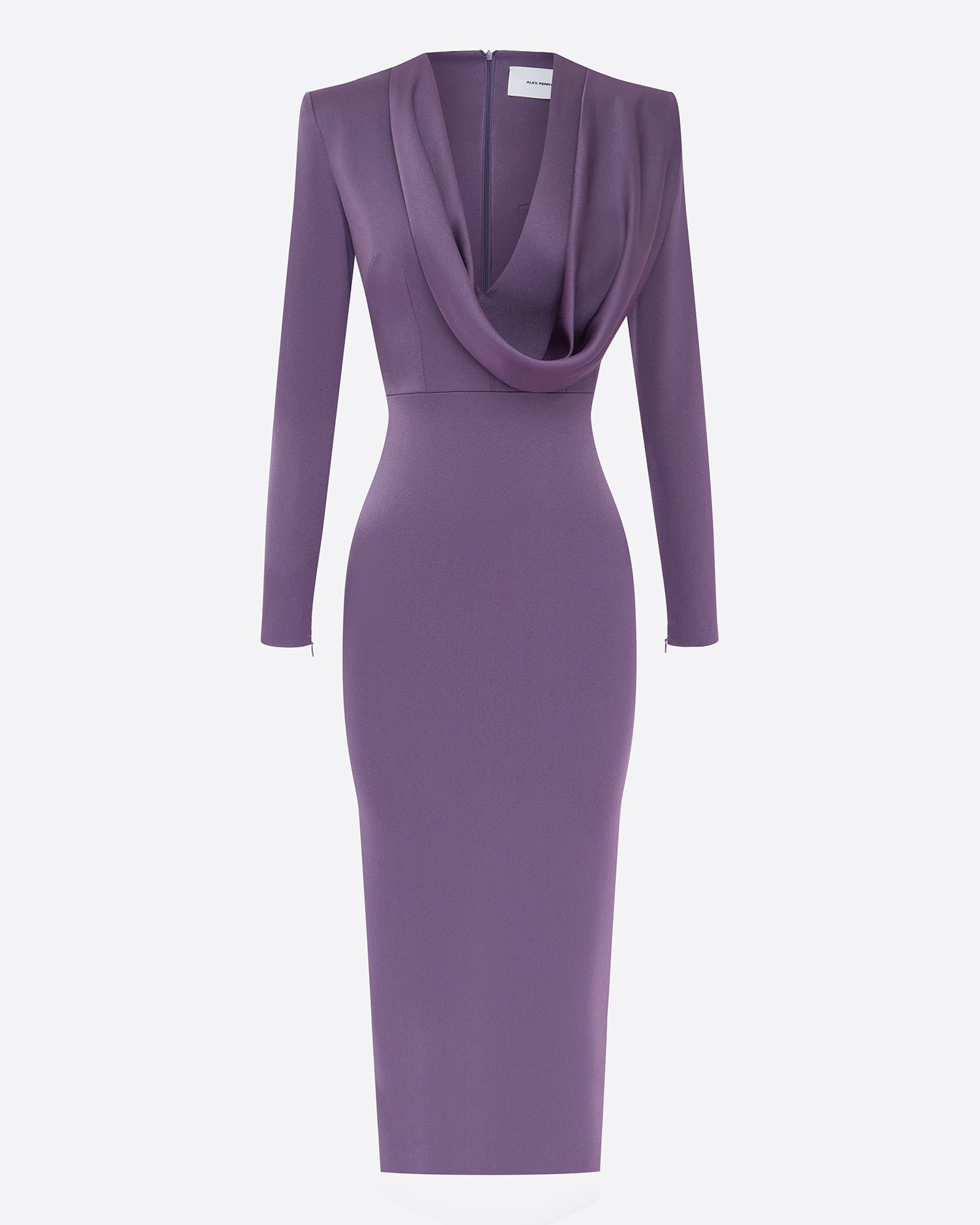 Long Sleeve Cowl Drape Dress in Satin Crepe