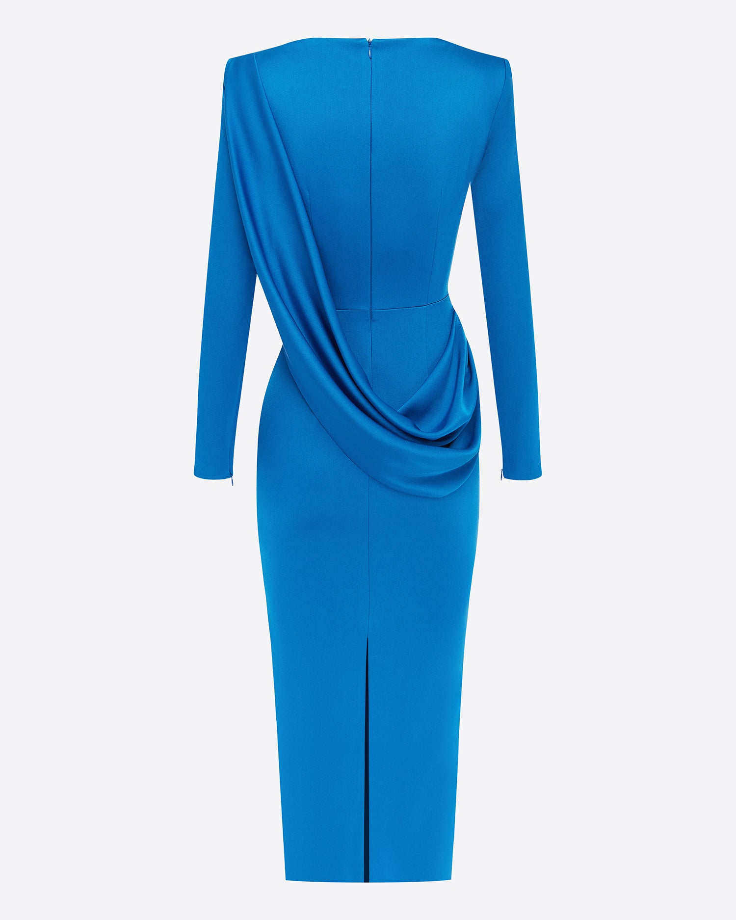 Long Sleeve Drape Back Dress in Satin Crepe