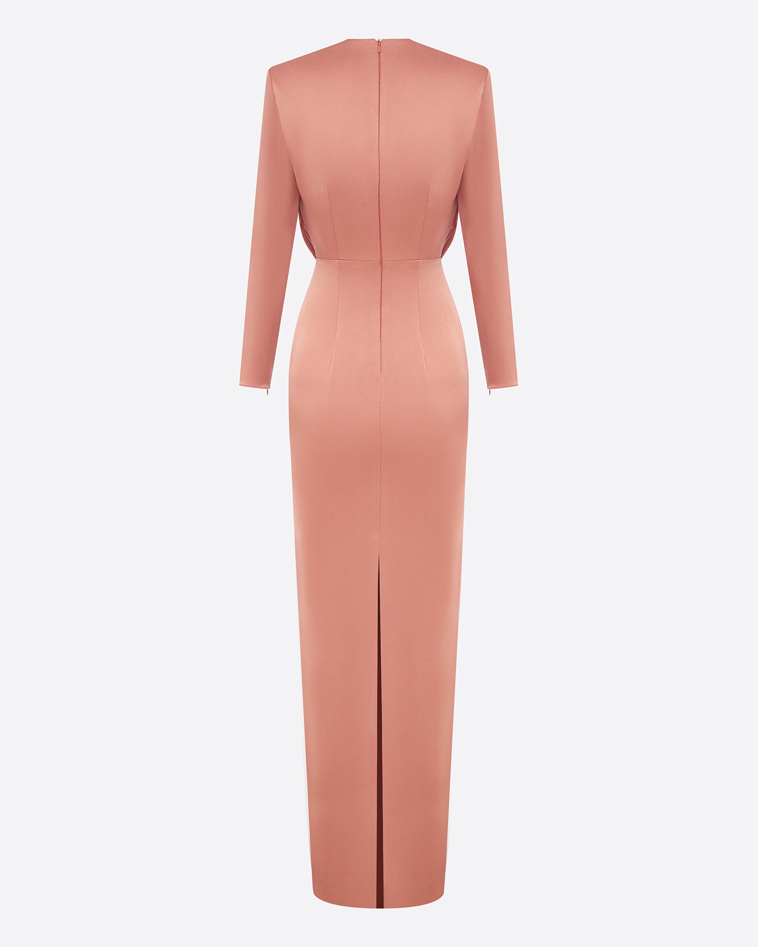 Long Sleeve Cowl Drape Column in Satin Crepe