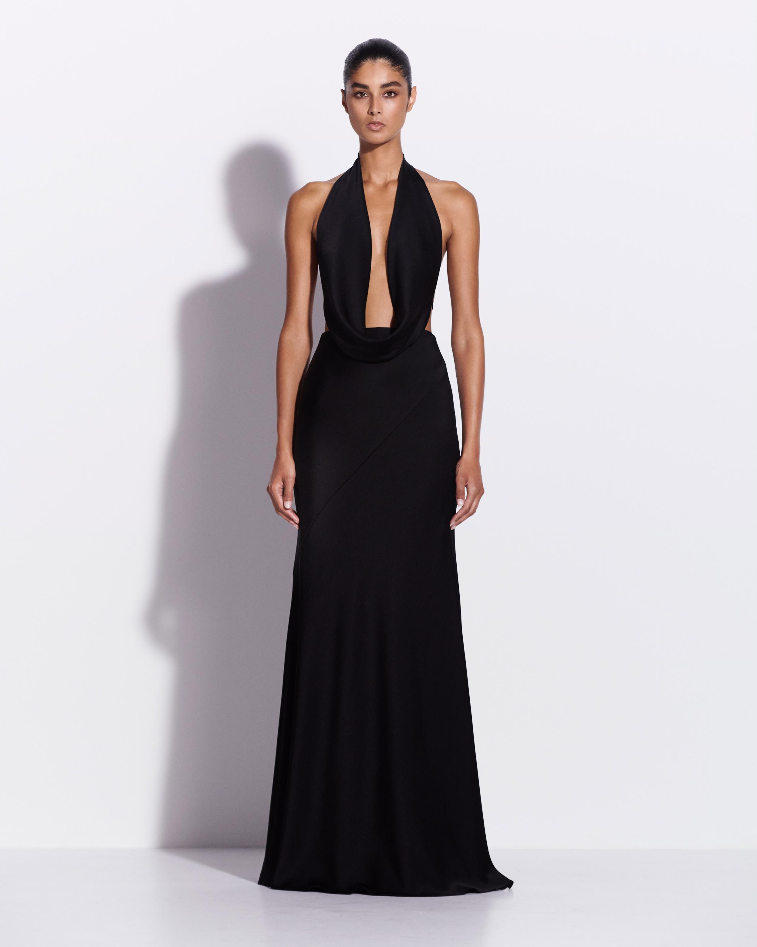 Halter Draped Gown in Satin Crepe 10 / Black