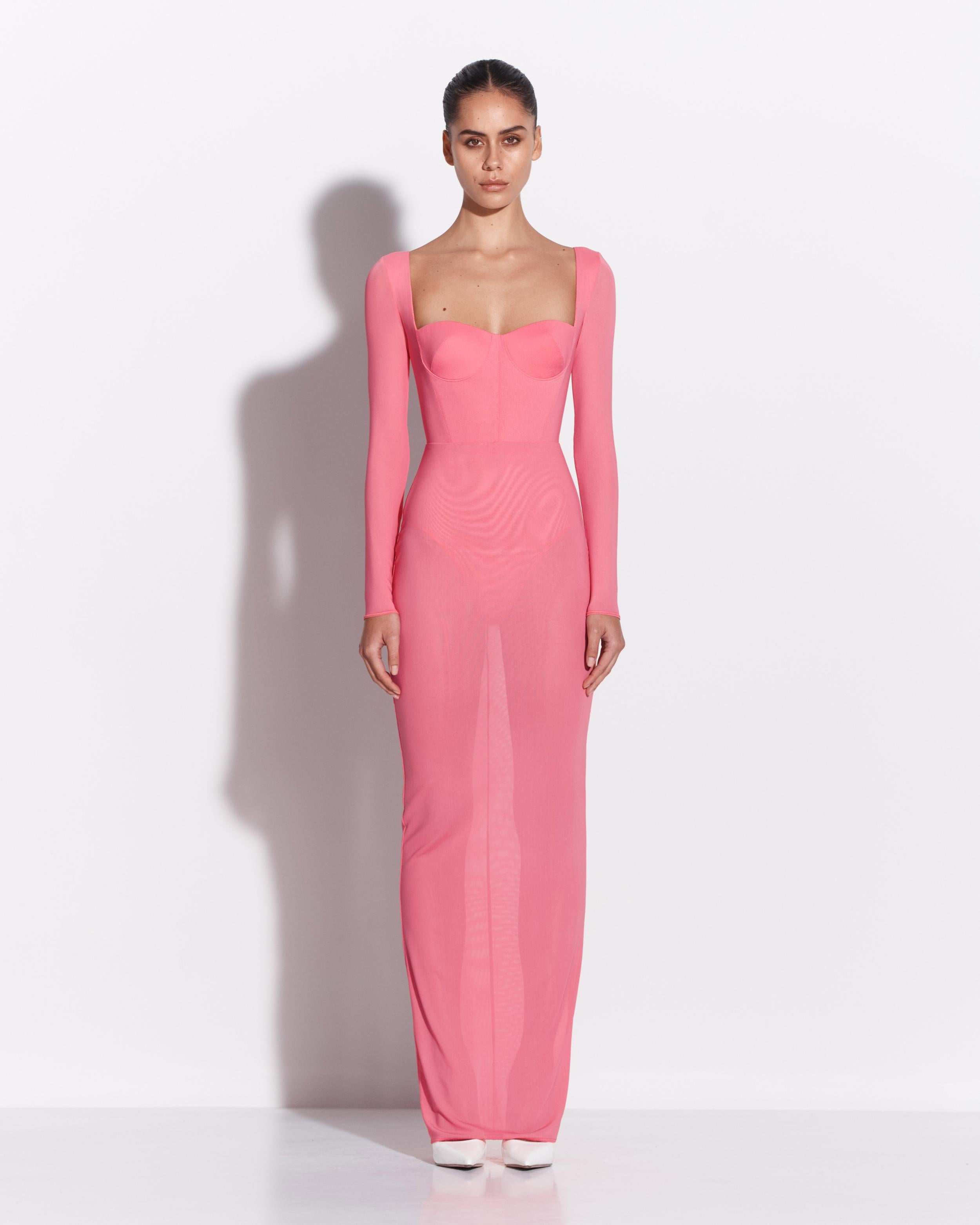 Long Sleeve Cupped Column in Stretch Mesh