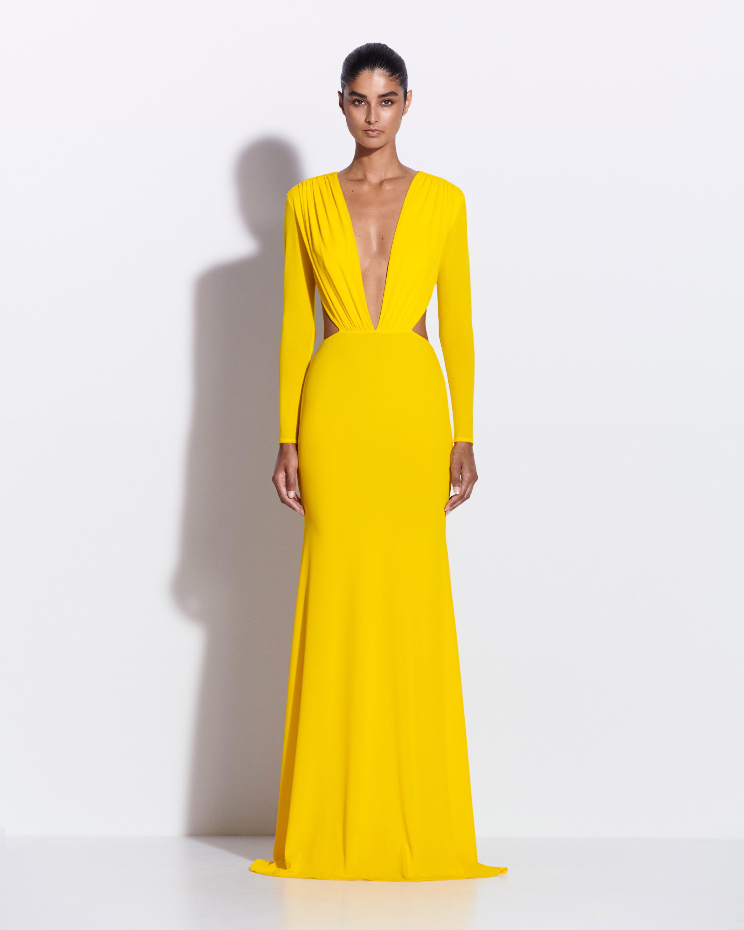 Long Sleeve Open Back Gown in Crepe Jersey