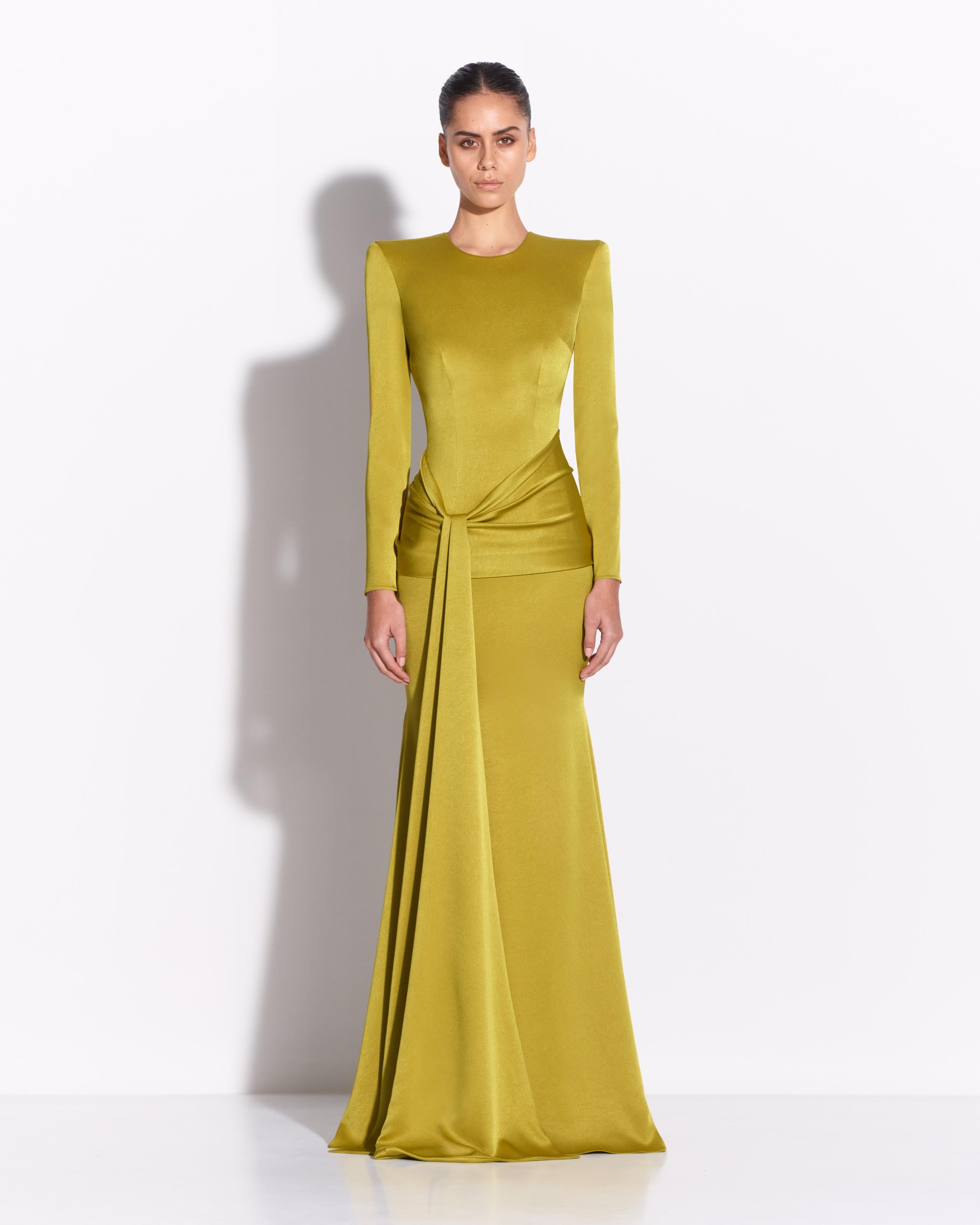 alex perry dresses Long Sleeve Sash Drape Gown in Satin Crepe Citron / 8 Fit:Ultra Slim Ettie Long Sleeve Midi and Alex Perrys gown TopAmarra