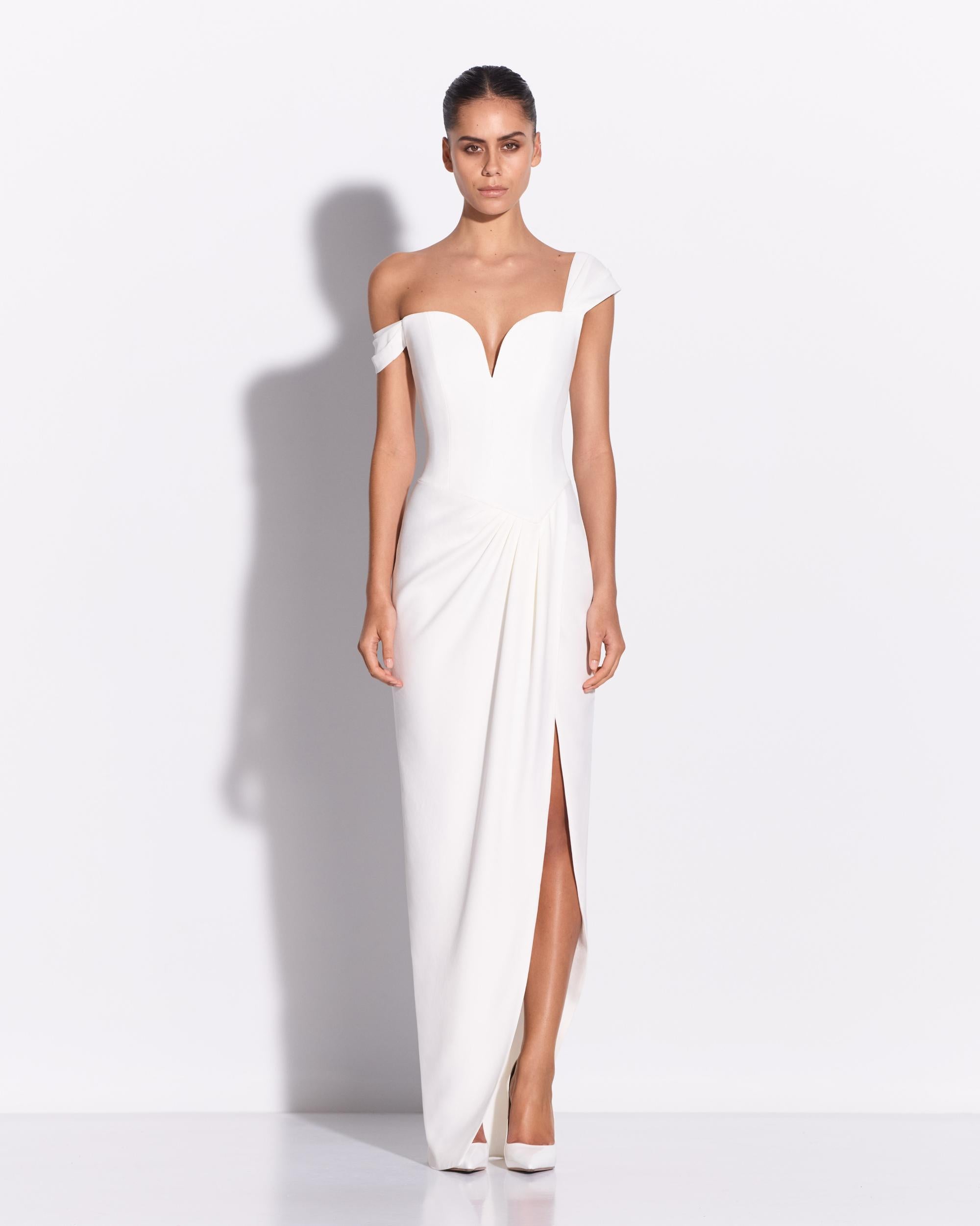 Longline Sweetheart Corset Drape Gown in Crepe White / 6