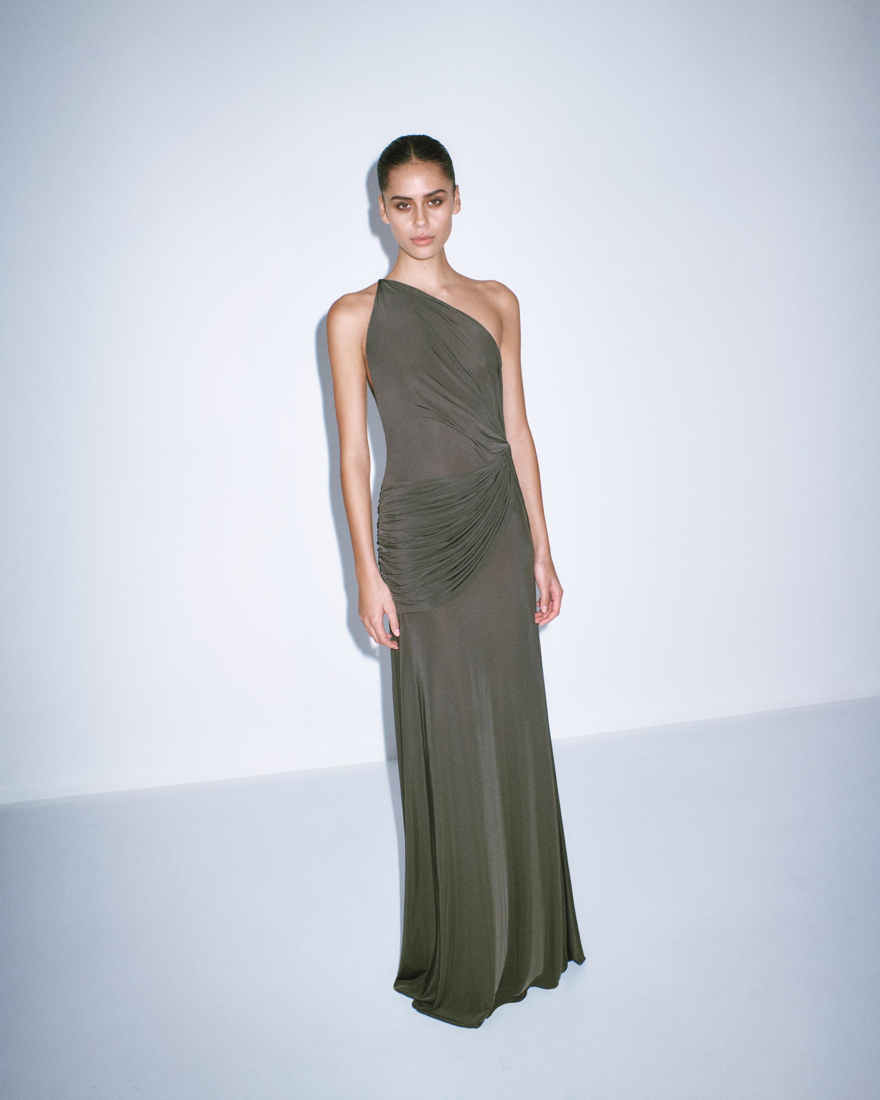 One Shoulder Twist Gown in Jersey