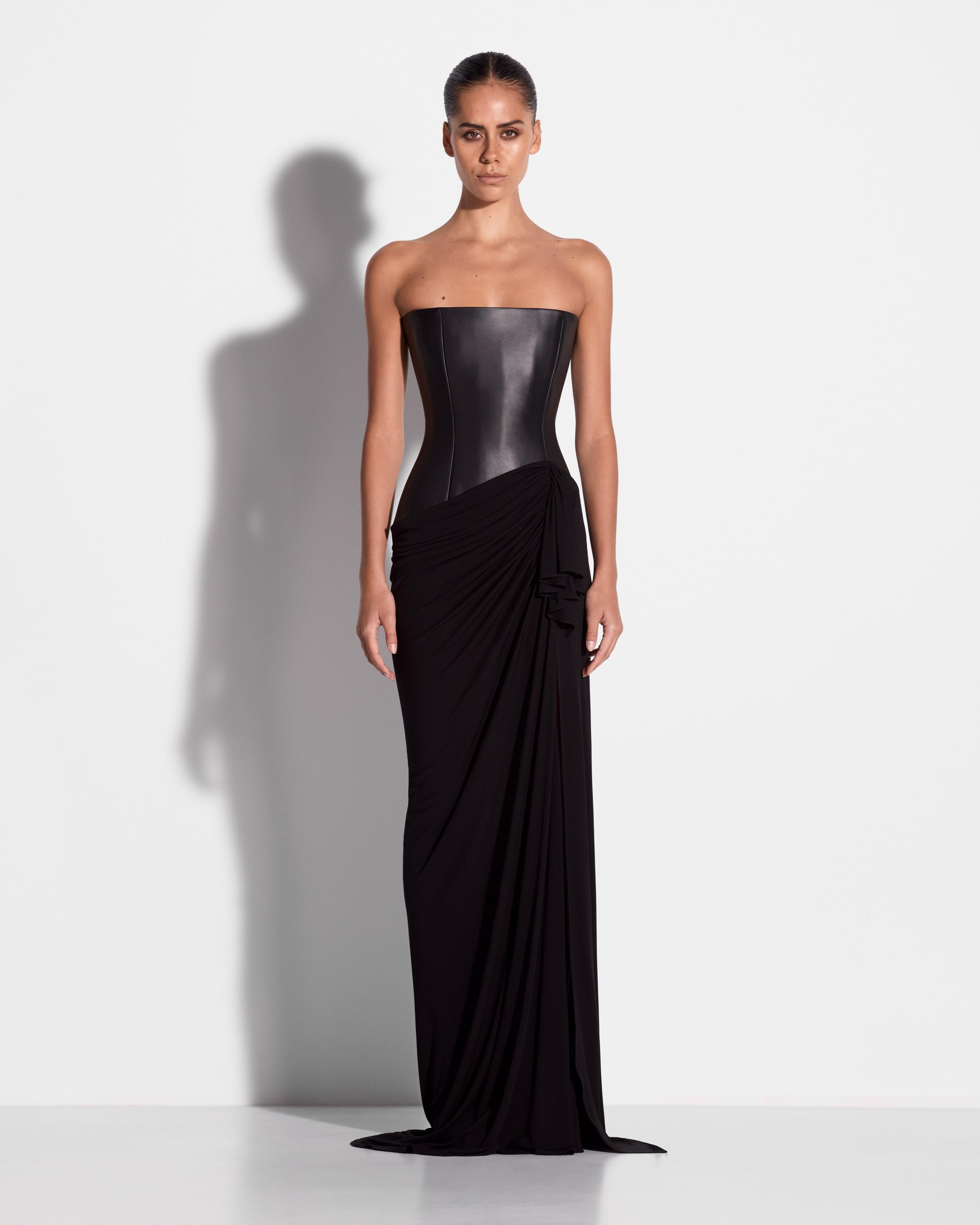 Strapless Asymmetric Gown in Leather & Jersey – Alex Perry