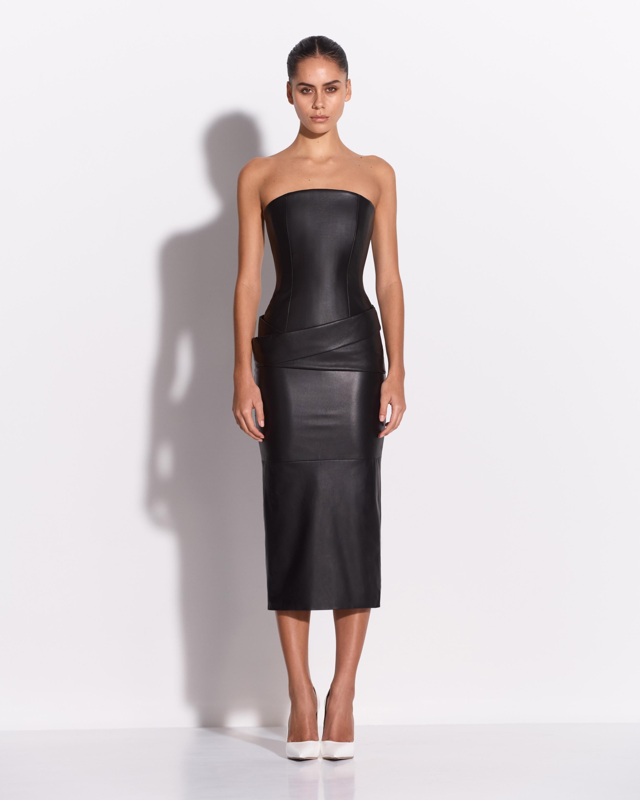 Strapless Drape Dress in Leather 8 / Black