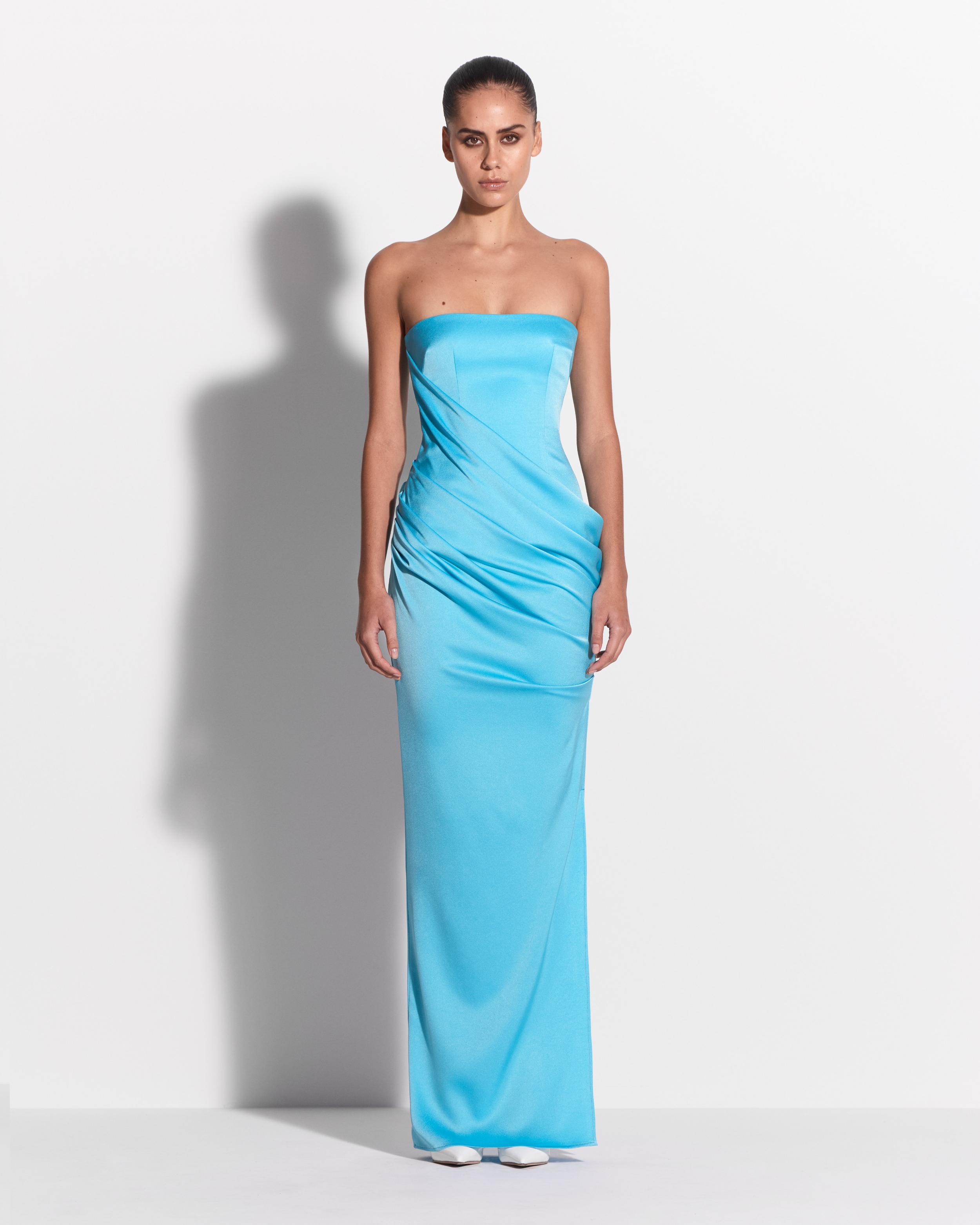alex perry blue strapless dress Drape Longline Column in Satin Crepe, Aqua epitomizing the refined sophistication
