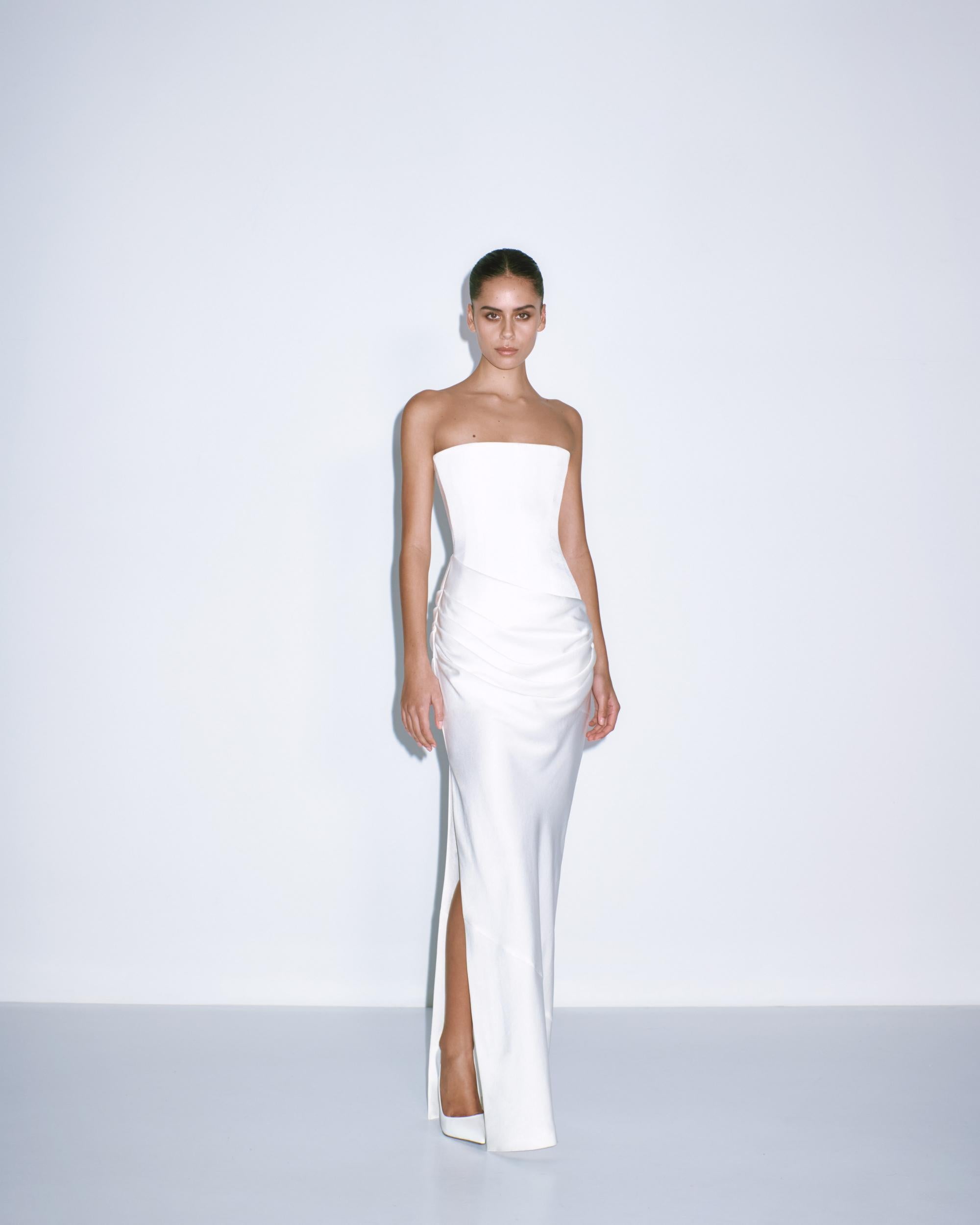 Strapless Longline Draped Column in Satin Crepe