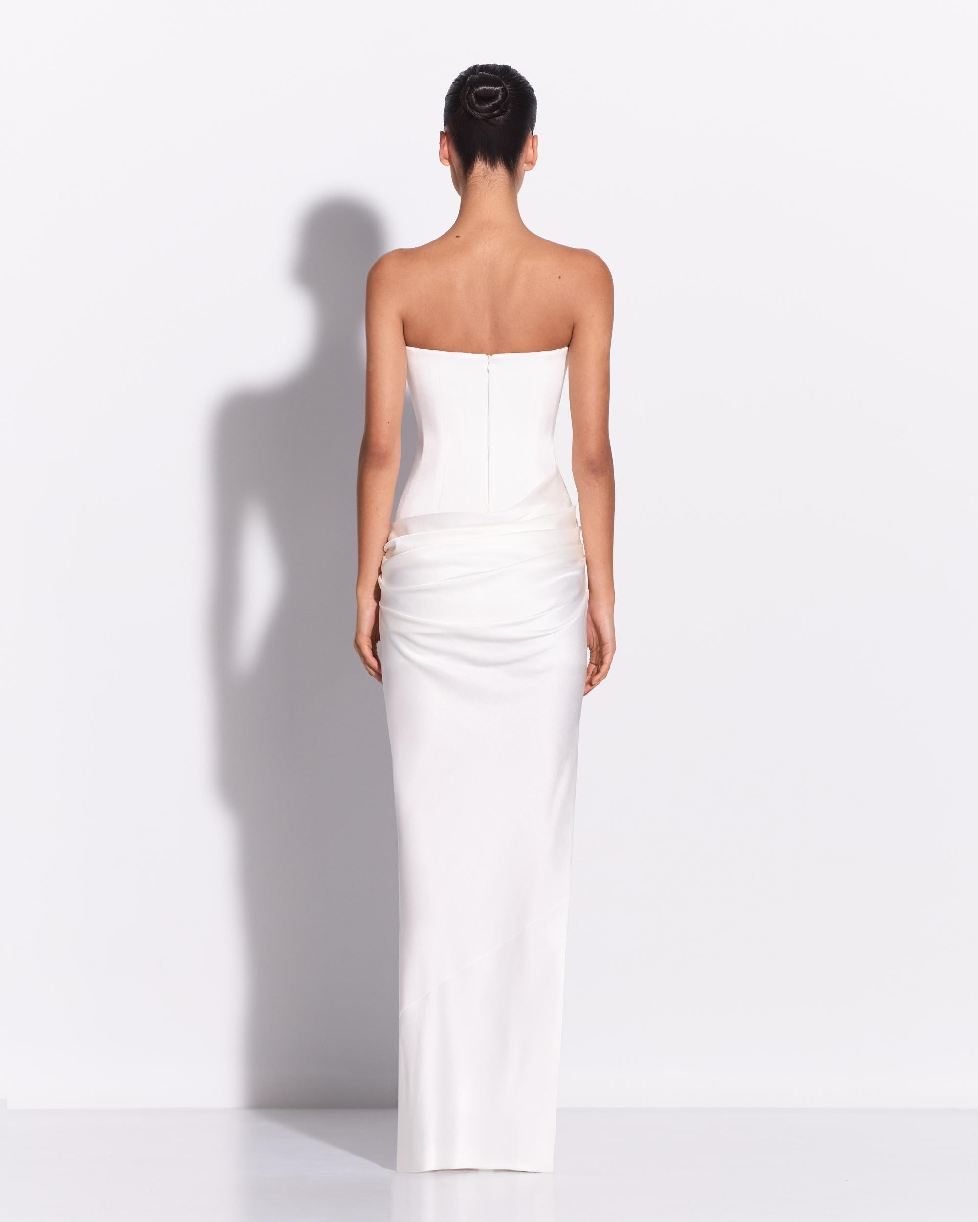 Strapless Longline Draped Column in Satin Crepe