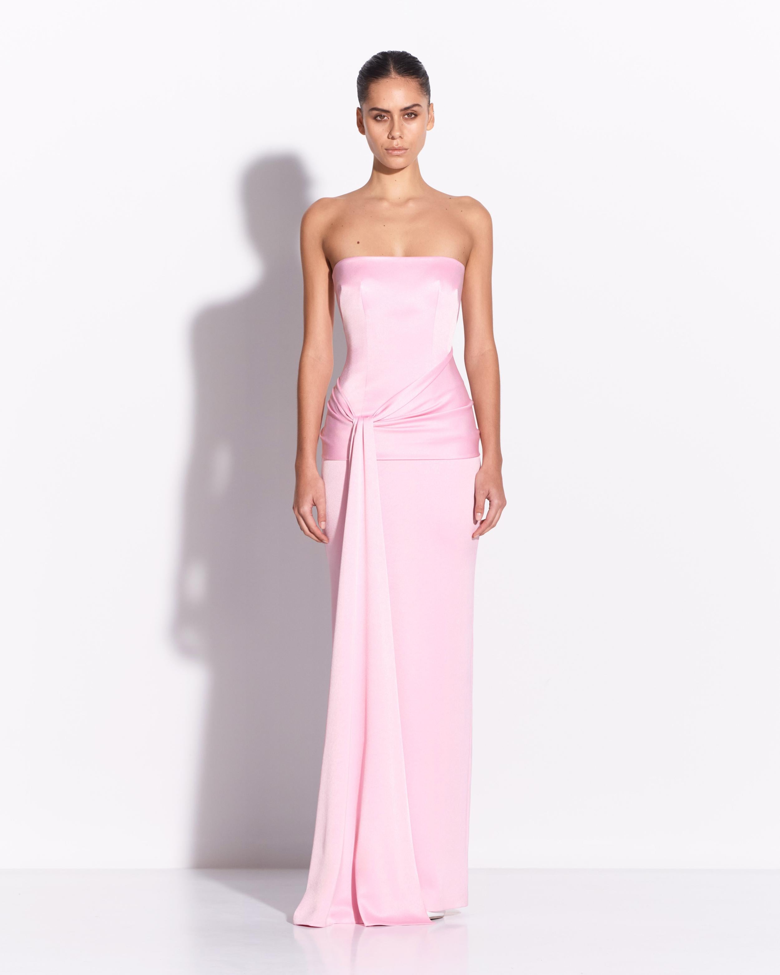 Strapless Sash Drape Column in Satin Crepe