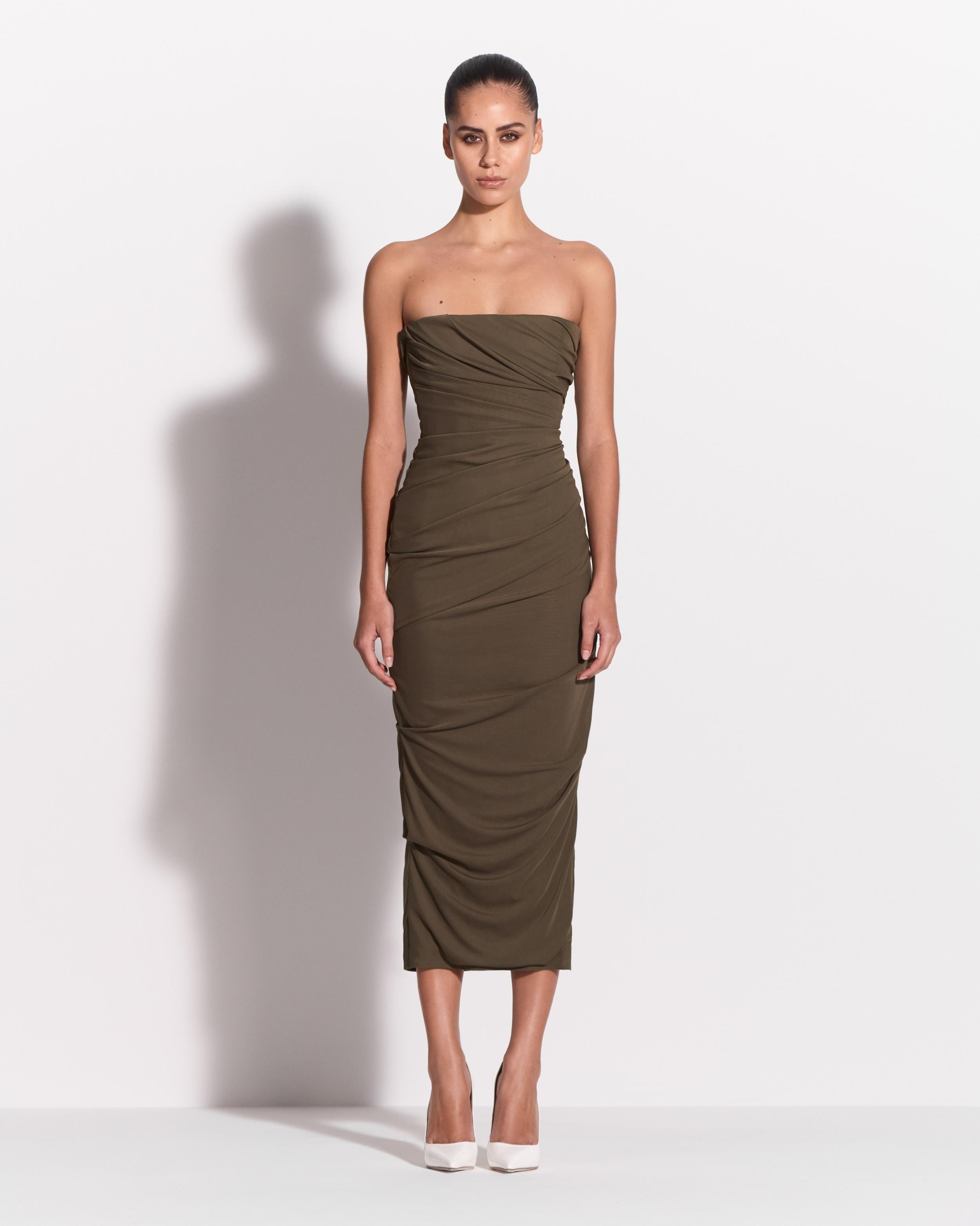 Strapless Tucked Dress in Stretch Mesh