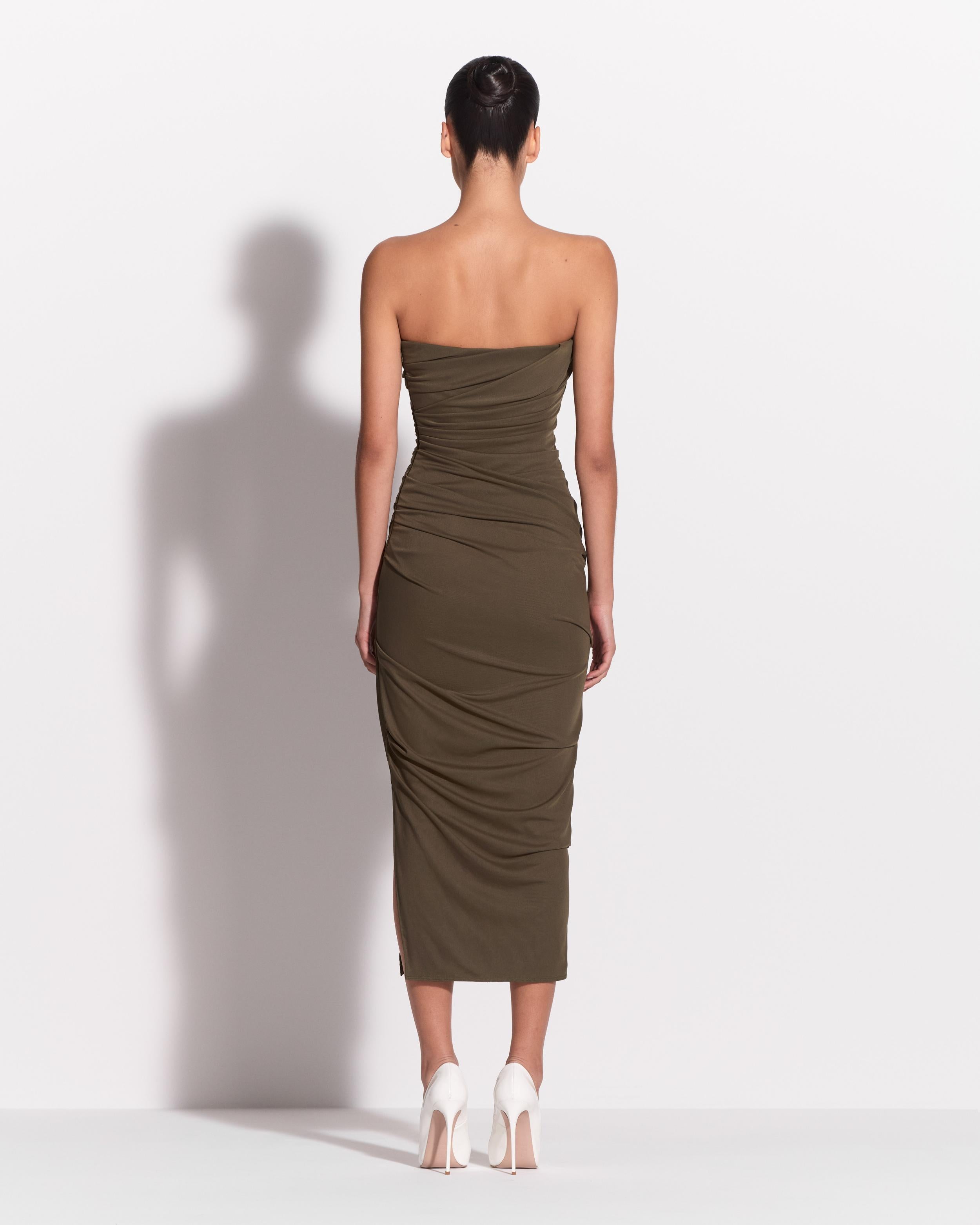 Strapless Tucked Dress in Stretch Mesh