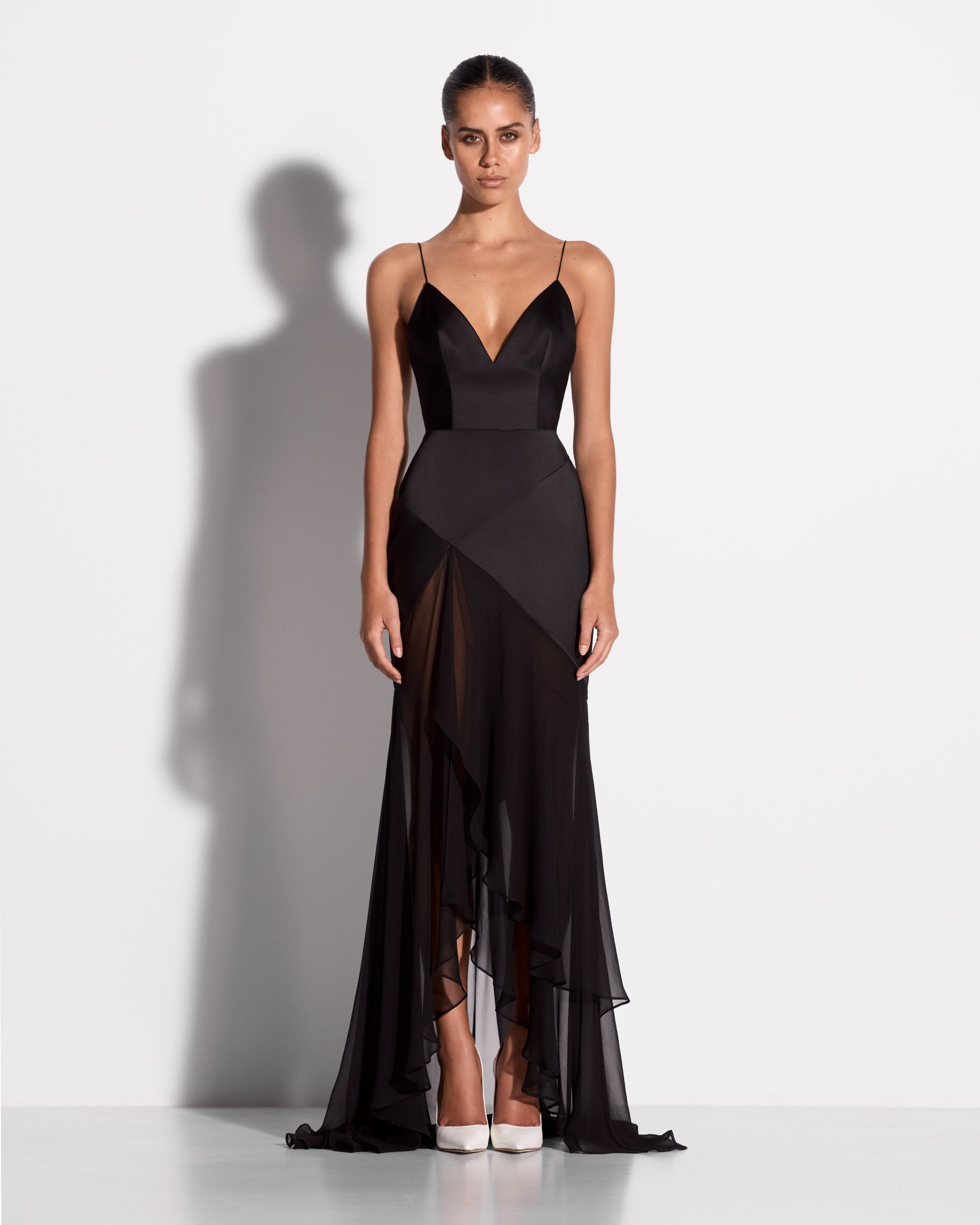 Tiered Bikini Gown in Silk Satin, Black