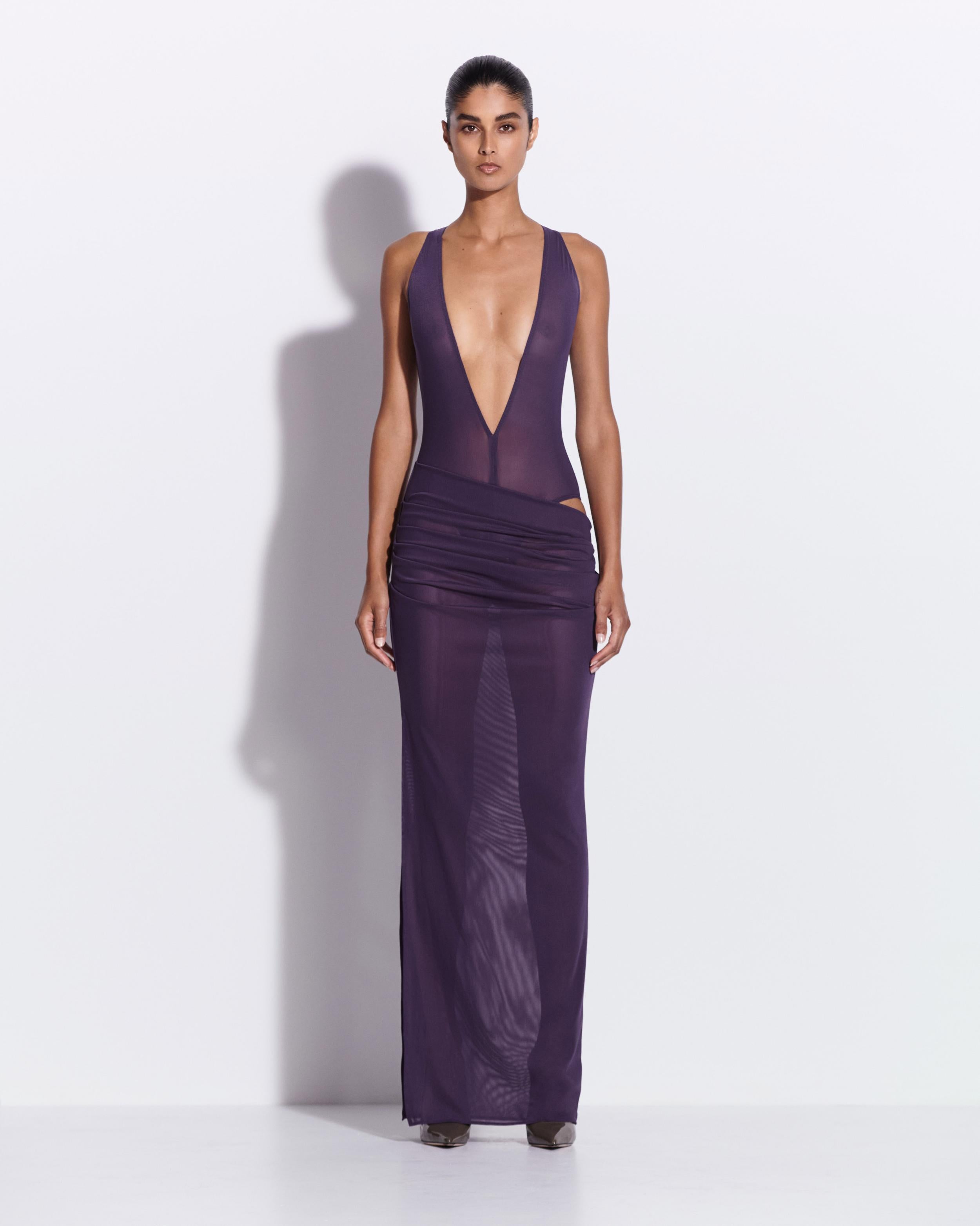 Tucked Halter Column in Stretch Mesh