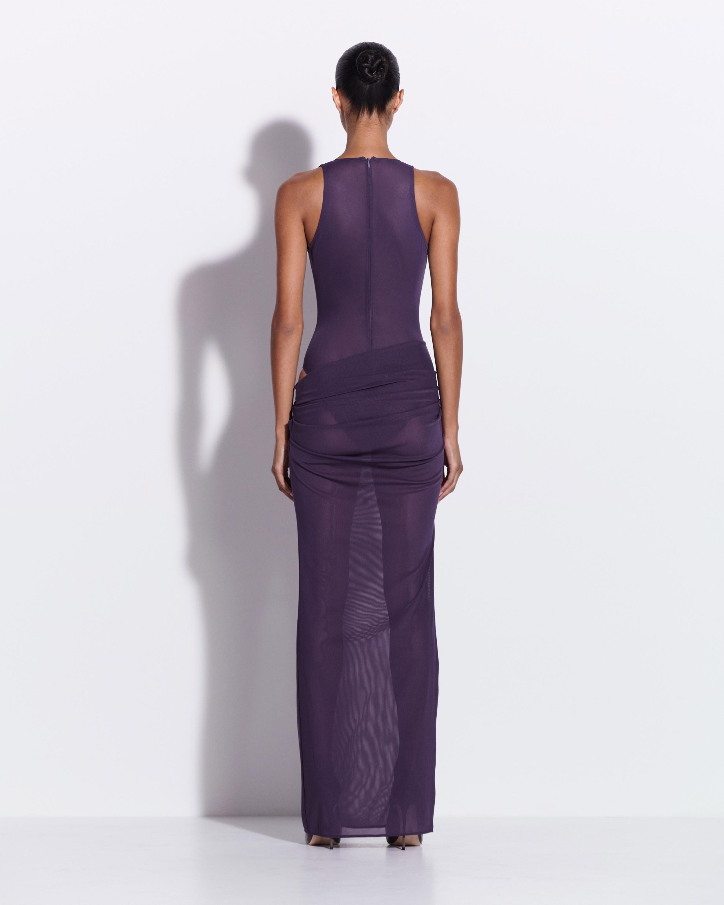 Tucked Halter Column in Stretch Mesh