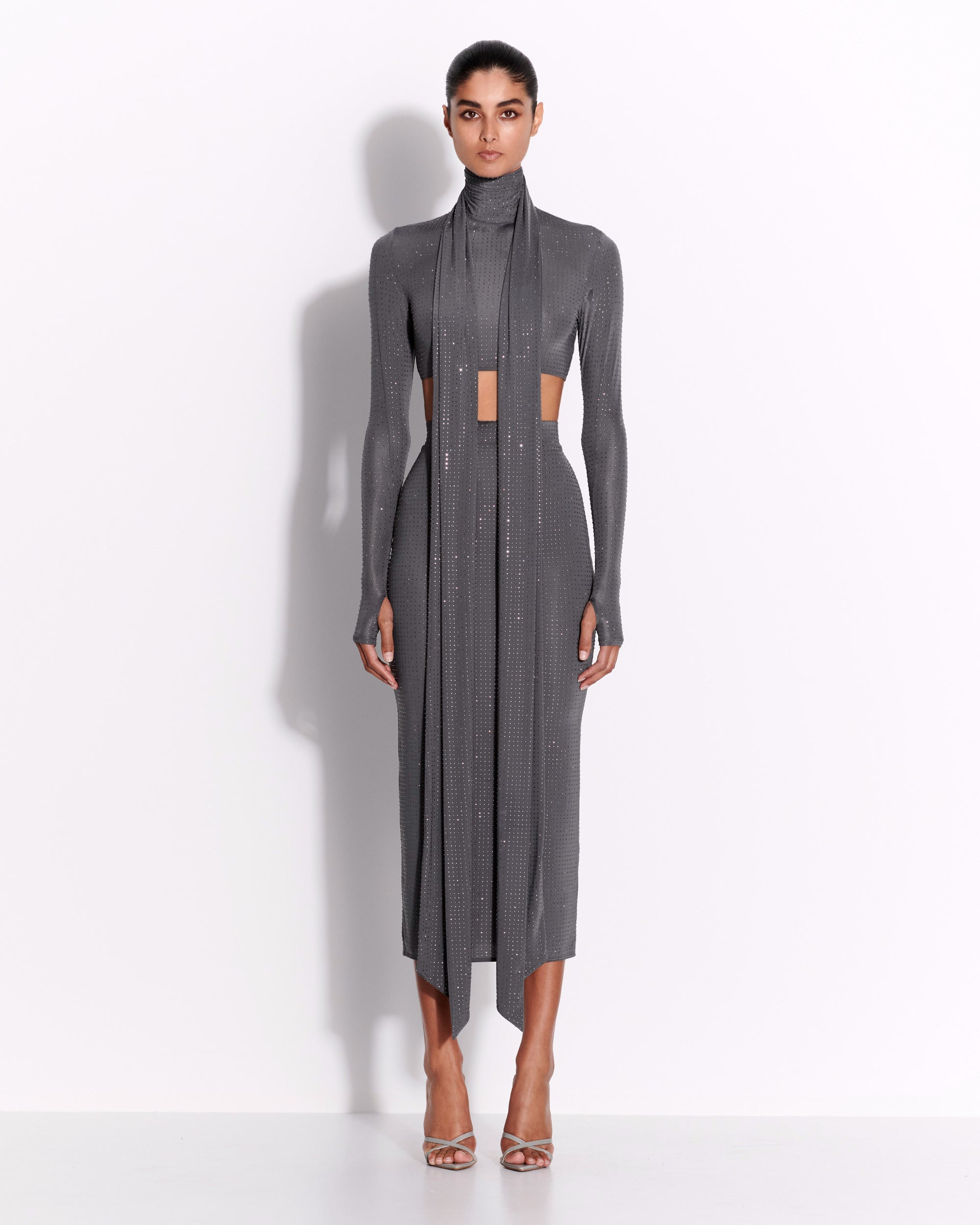 Long Sleeve Scarf Crop Top in Crystal Jersey