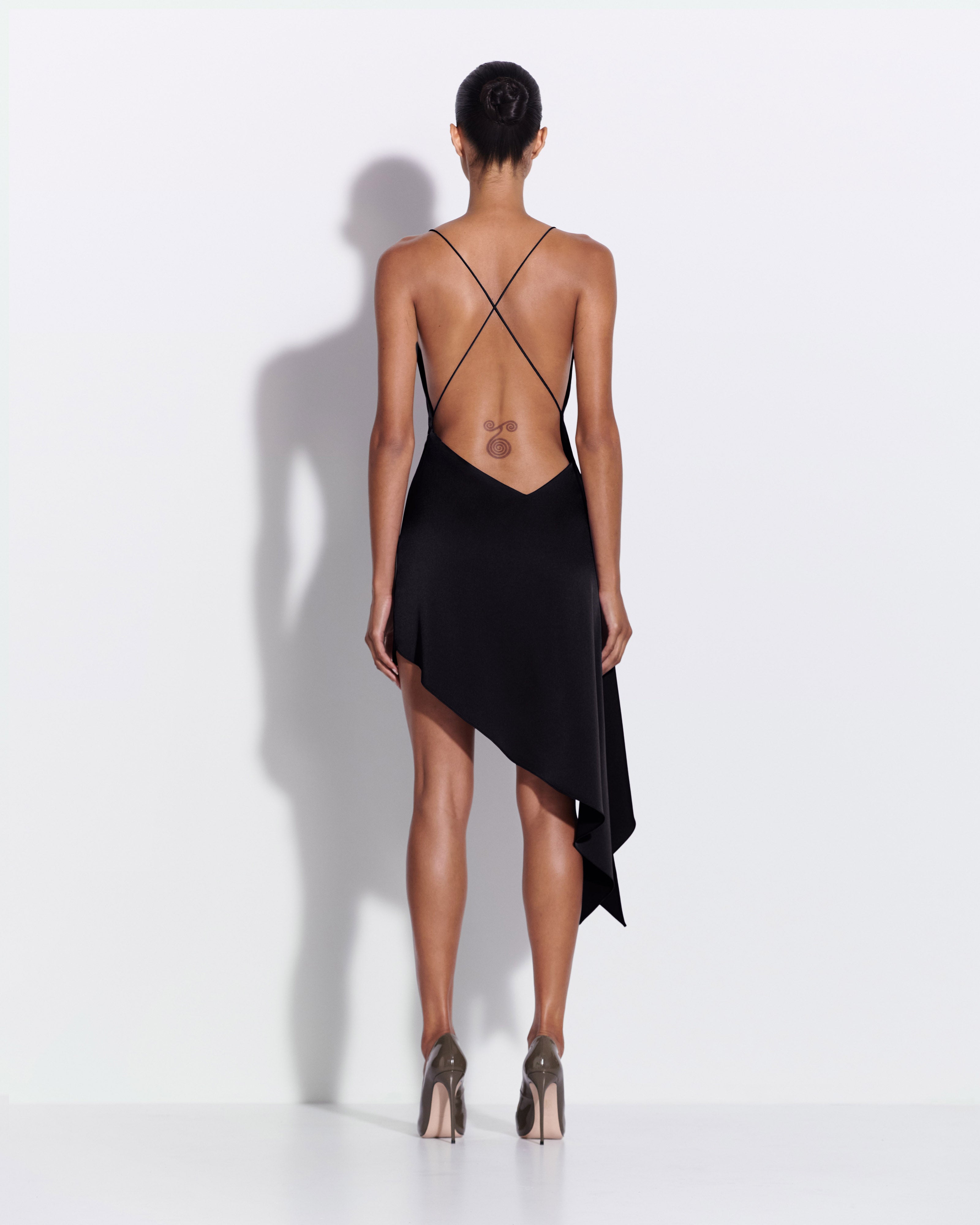 Bikini Wrap Asymmetric Dress in Satin Crepe