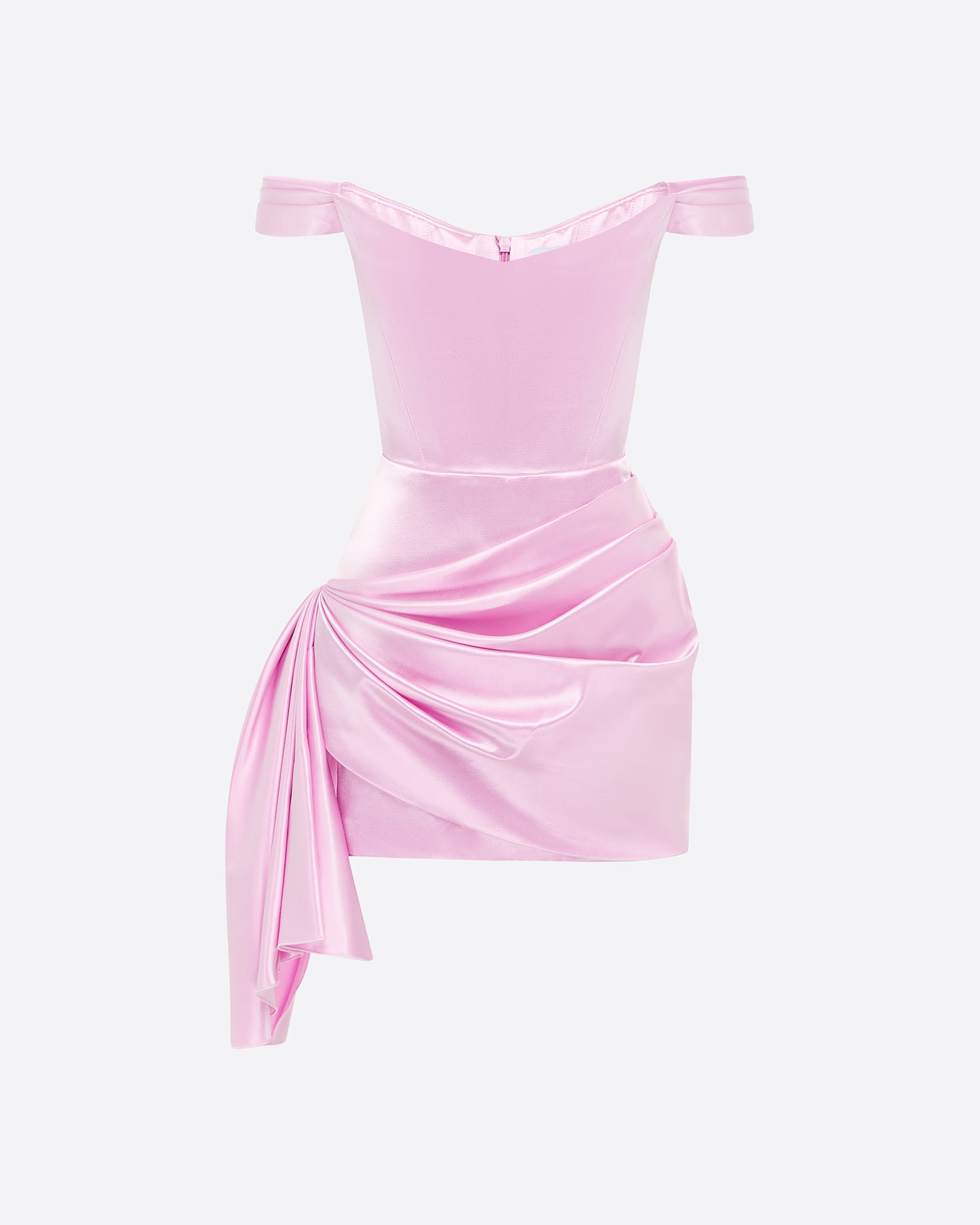 Off Shoulder Draped Mini Dress in Duchess Satin 12 / Ice Pink Off Shoulder Draped Mini Dress in Duchess Satin 12 / Ice Pink