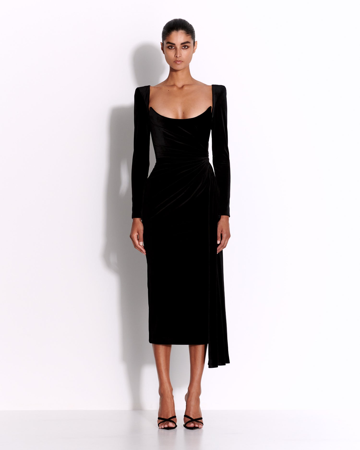 black straight dress Black Satin Sleeveless Dress  Midi Length with Square Neckline