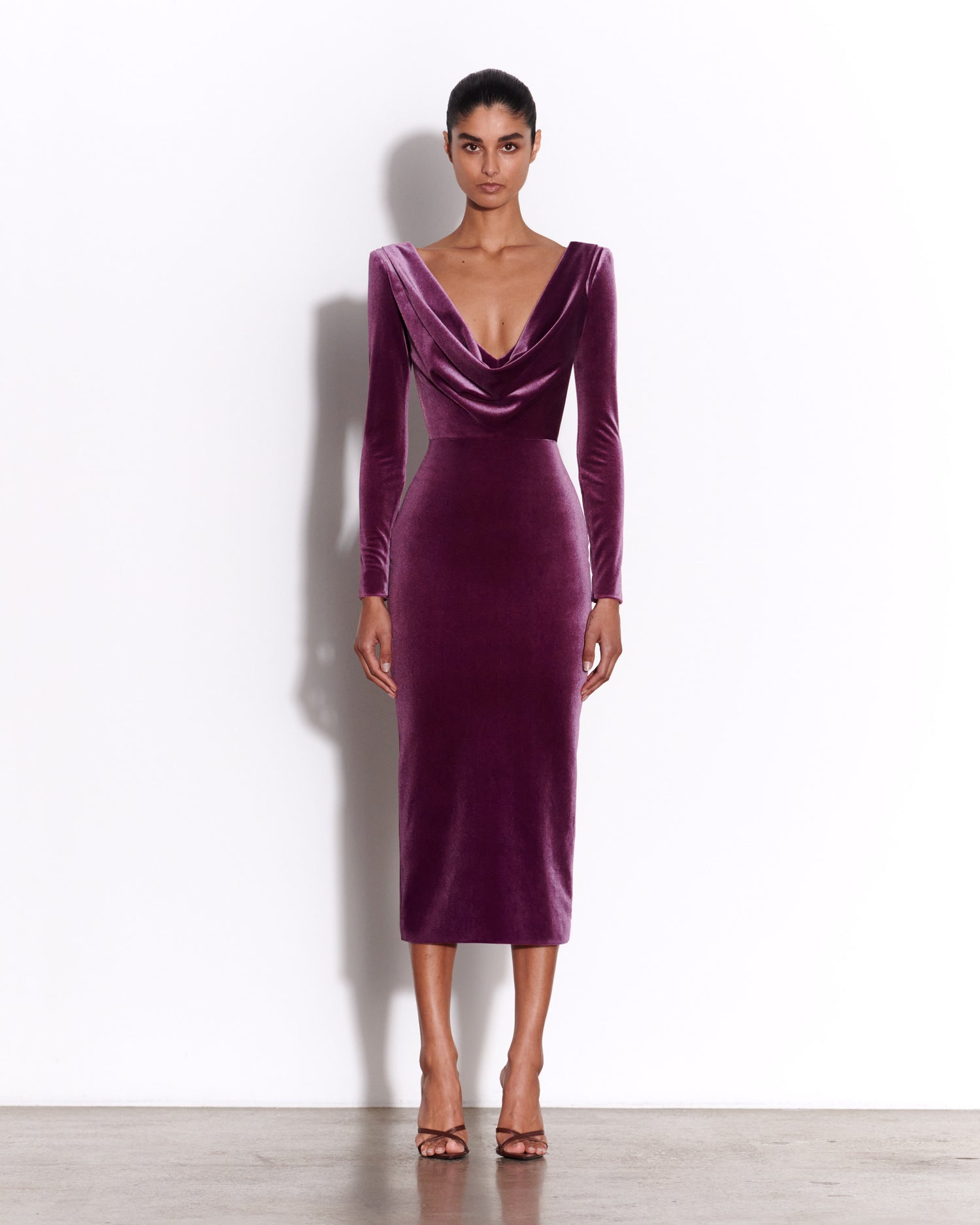 long sleeve drape dress VENUS Maxi | Hot Pink defining a bodycon maxi length SILK DRAPE LONG DRESS