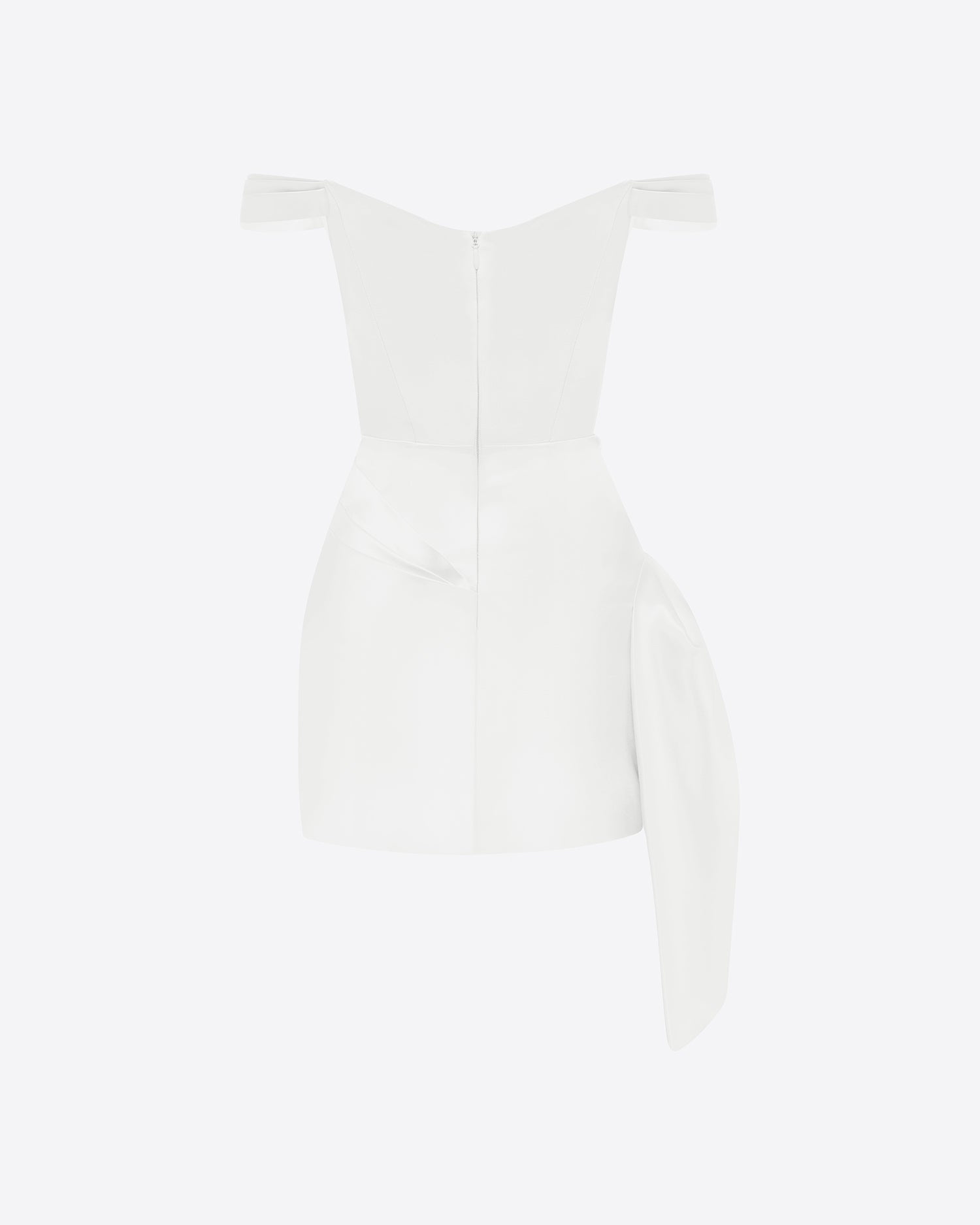 Off Shoulder Draped Mini Dress in Duchess Satin