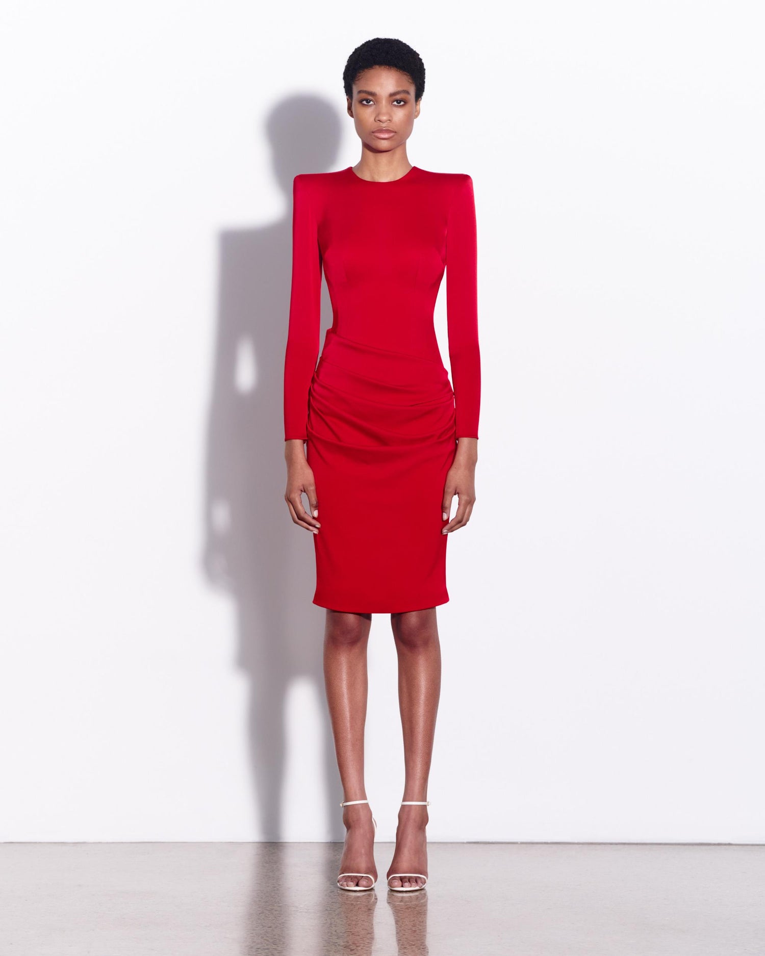 Long Sleeve Draped Dress in Satin Crepe Alex Perry Long Sleeve Draped Dress in Satin Crepe Alex Perry