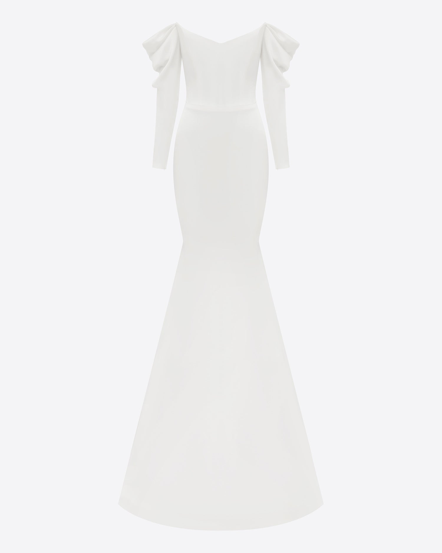 Long Sleeve Off Shoulder Gown in Satin Crepe