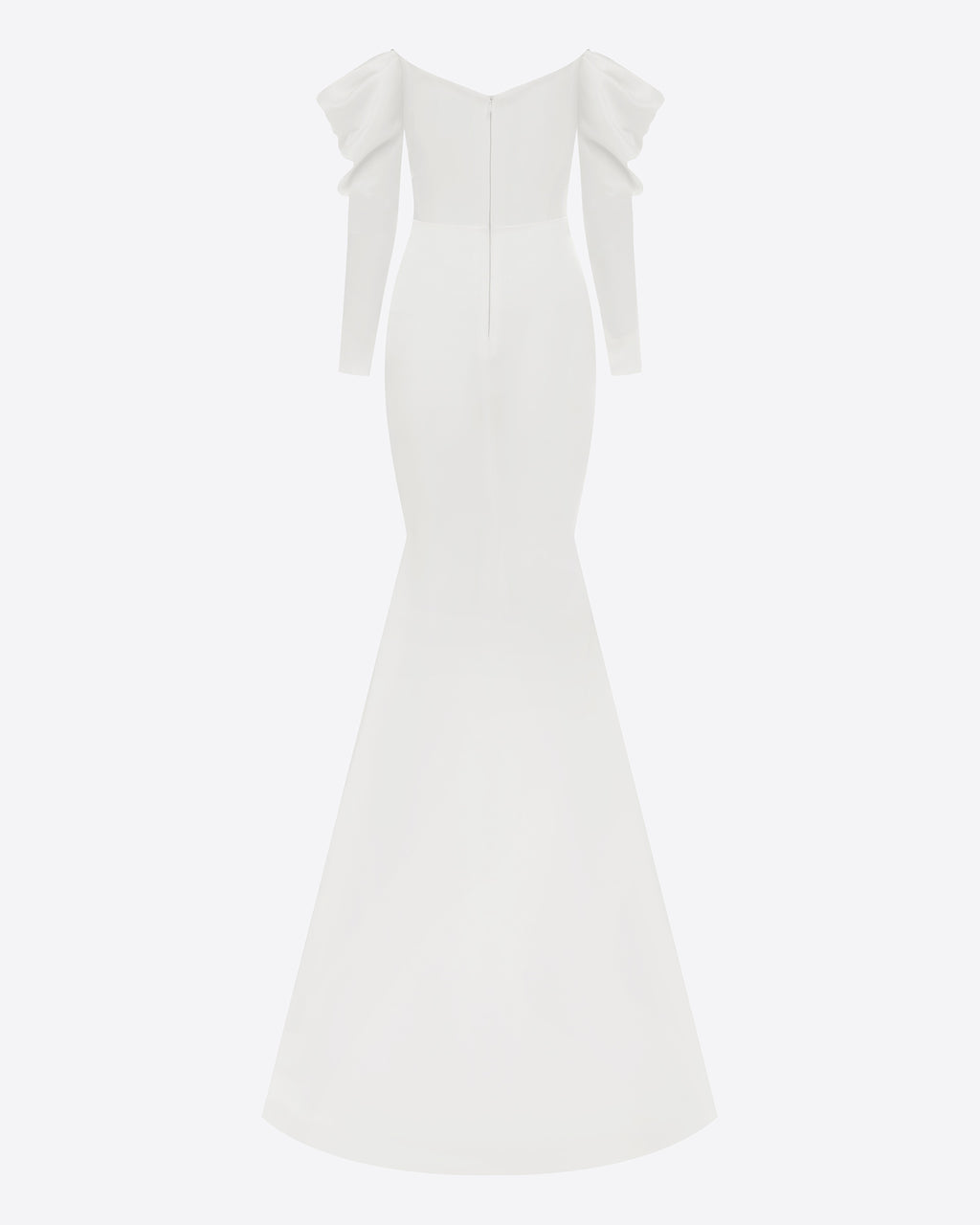 Long Sleeve Off Shoulder Gown in Satin Crepe