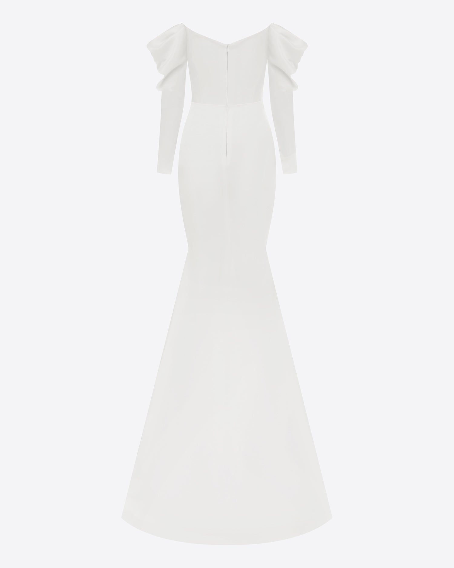 Long Sleeve Off Shoulder Gown in Satin Crepe