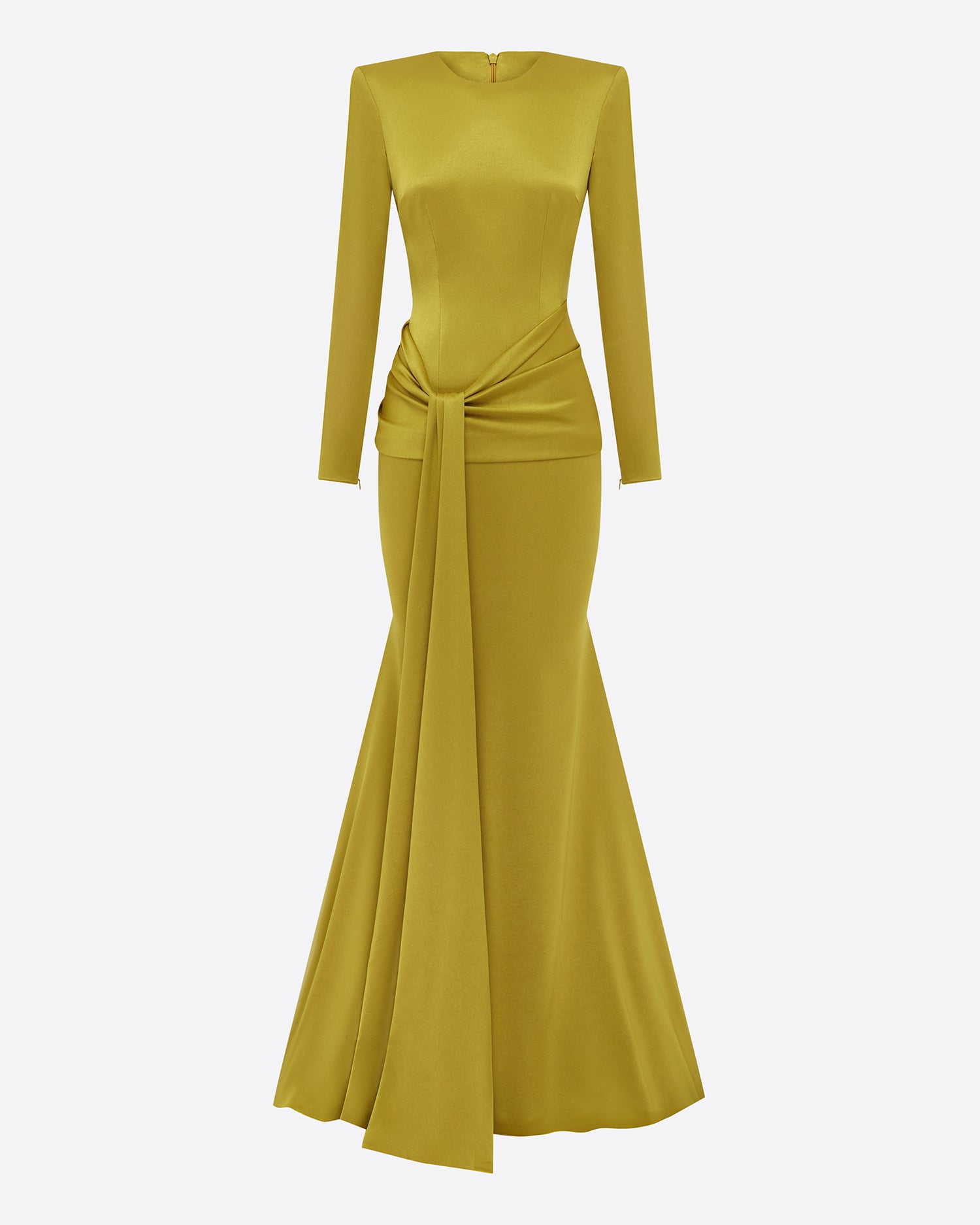 Long Sleeve Sash Drape Gown in Satin Crepe