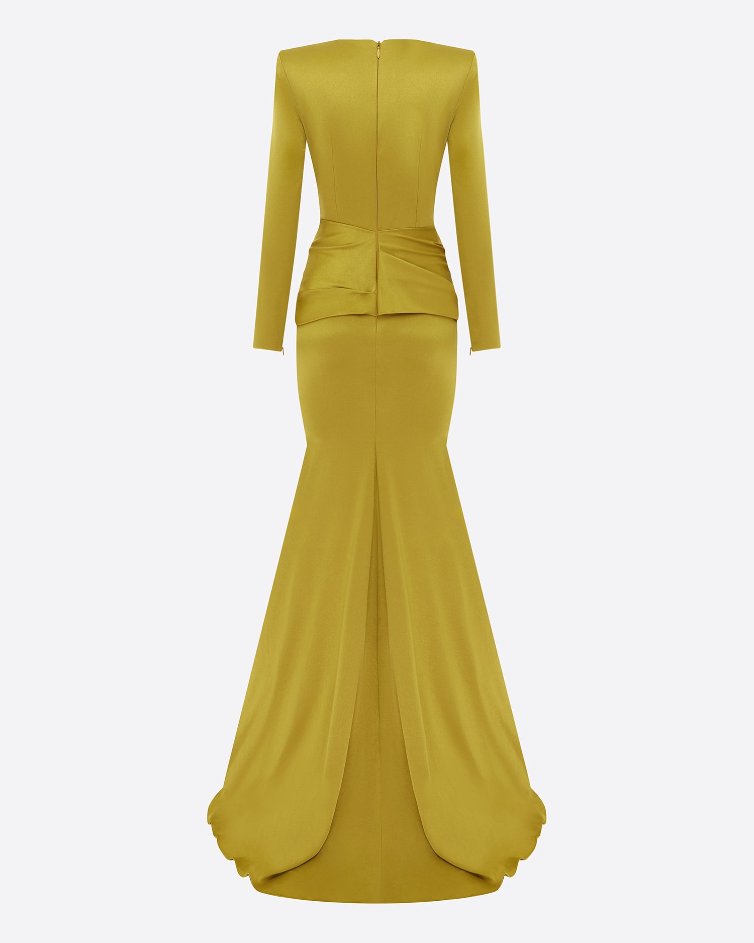 Long Sleeve Sash Drape Gown in Satin Crepe