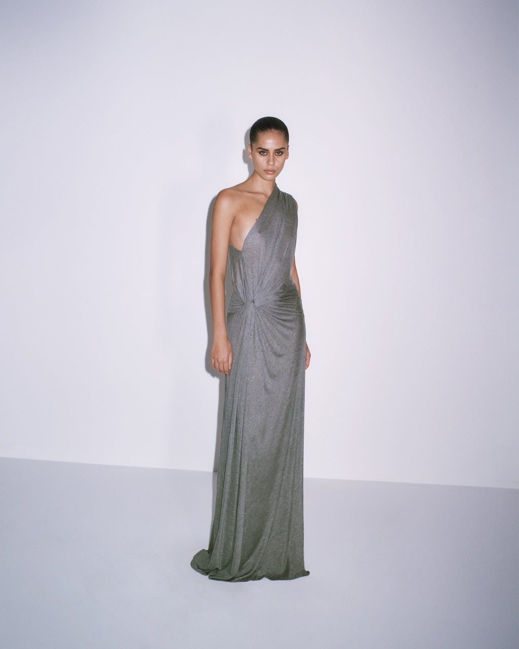 One Shoulder Drape Gown in Marle Jersey