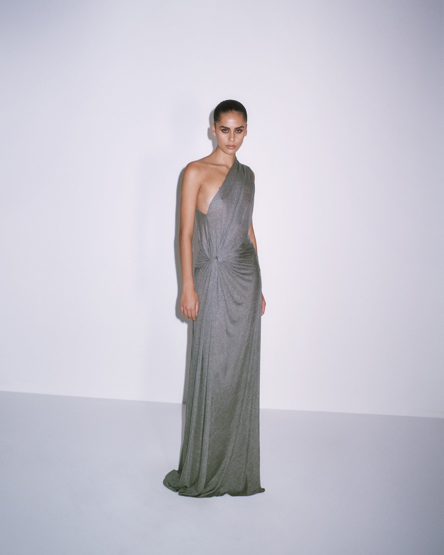 One Shoulder Drape Gown in Marle Jersey