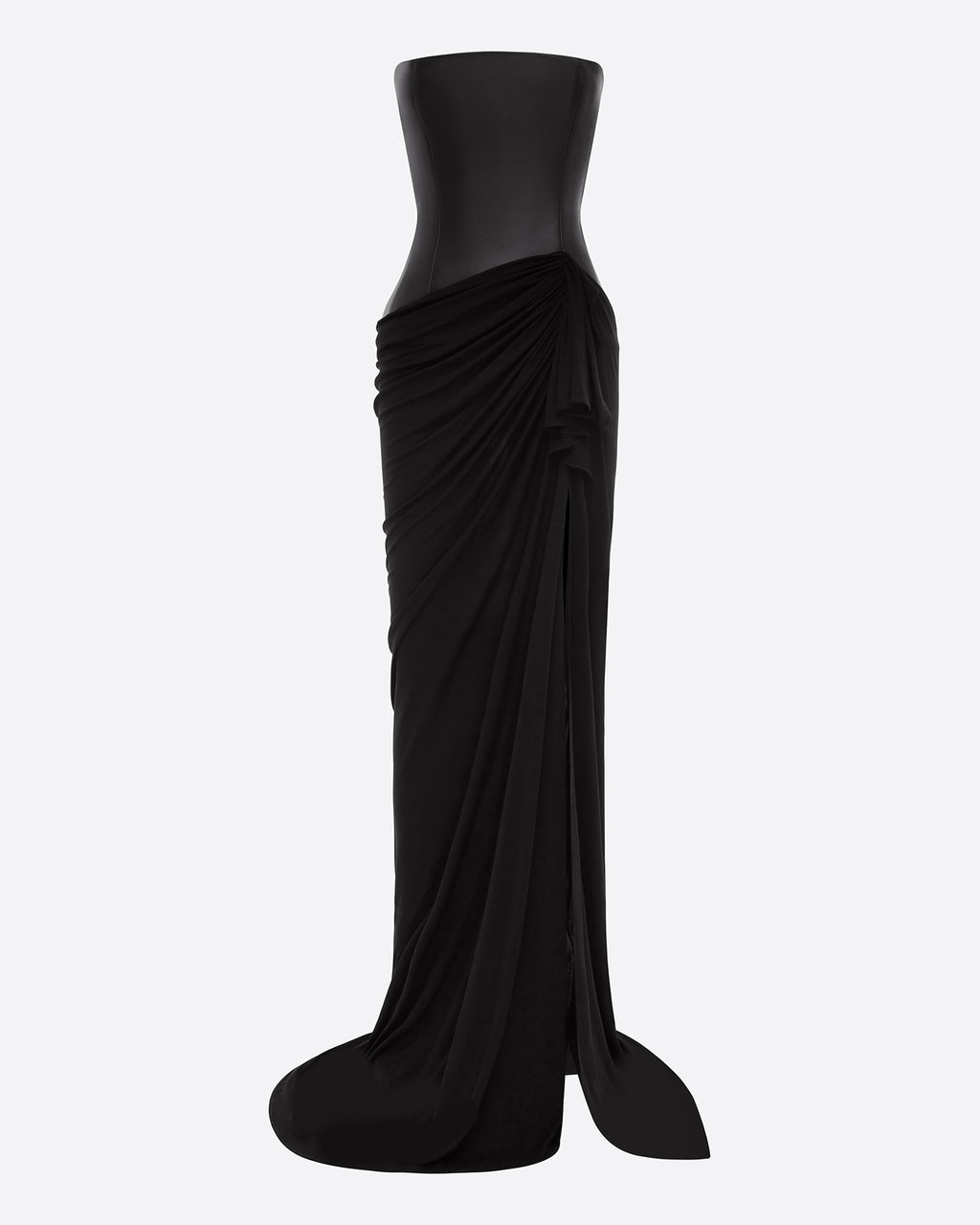 Strapless Asymmetric Gown in Leather & Jersey