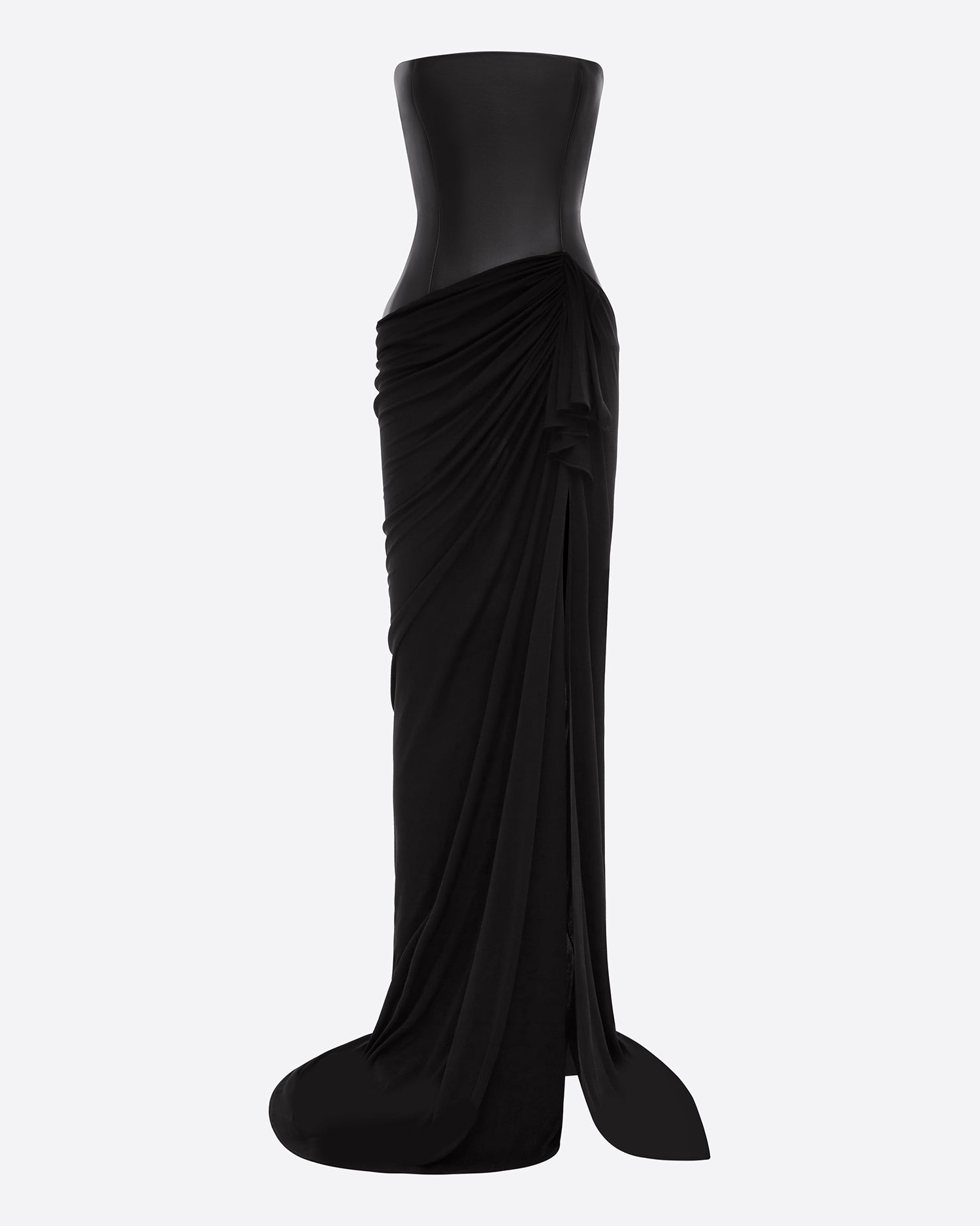 Strapless Asymmetric Gown in Leather & Jersey