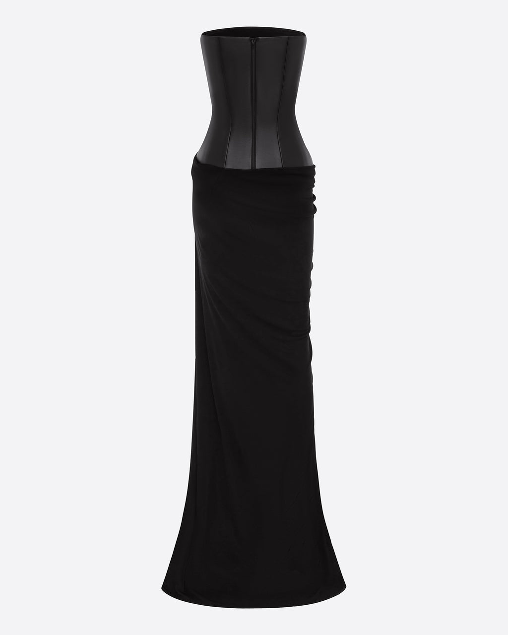 Strapless Asymmetric Gown in Leather & Jersey