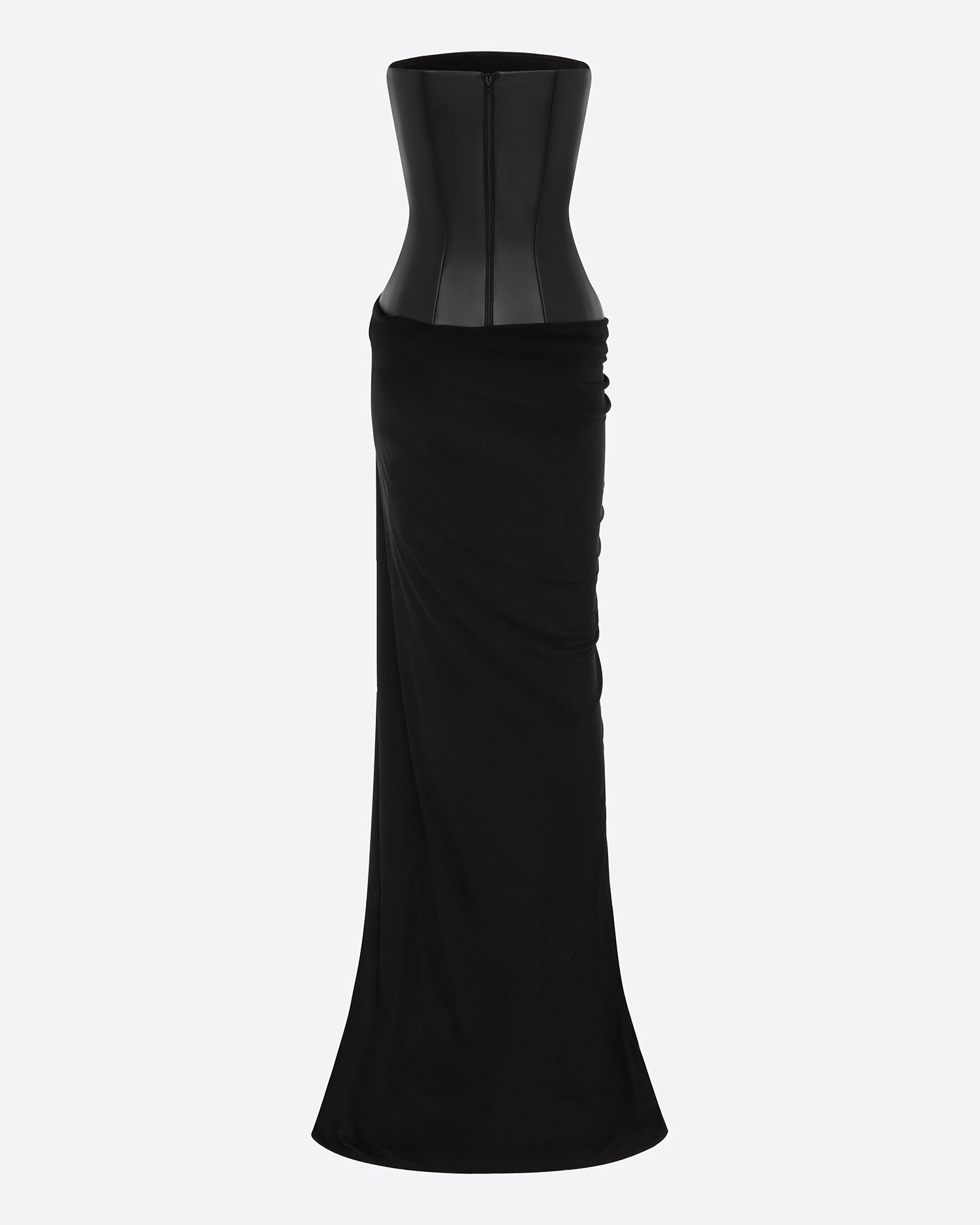 Strapless Asymmetric Gown in Leather & Jersey
