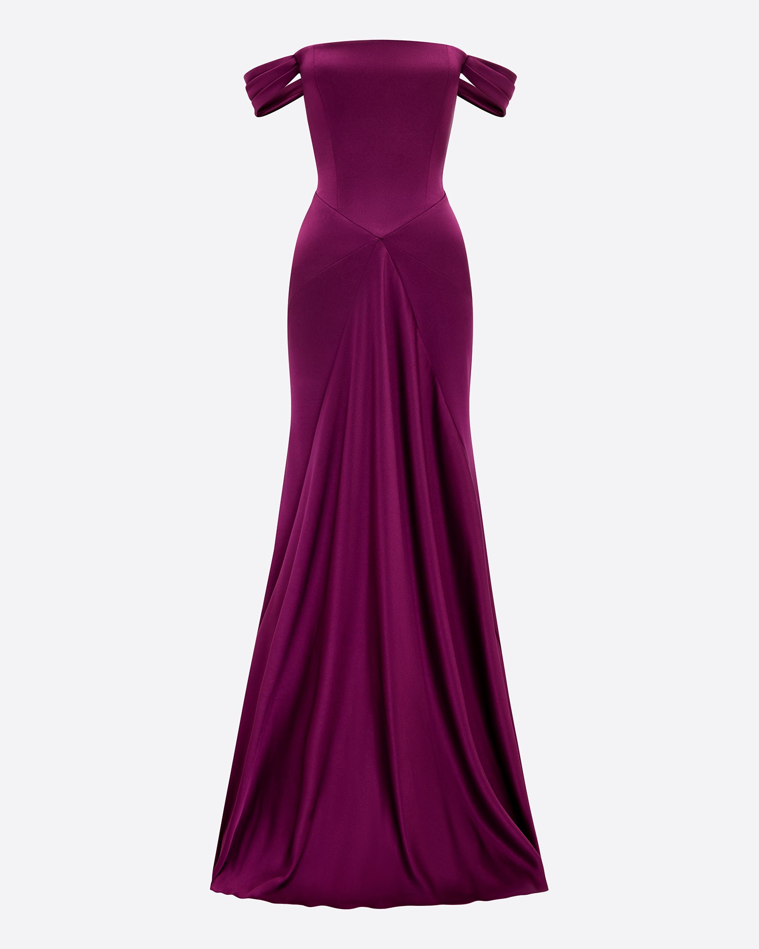 Off Shoulder Panelled Gown in Satin Crepe