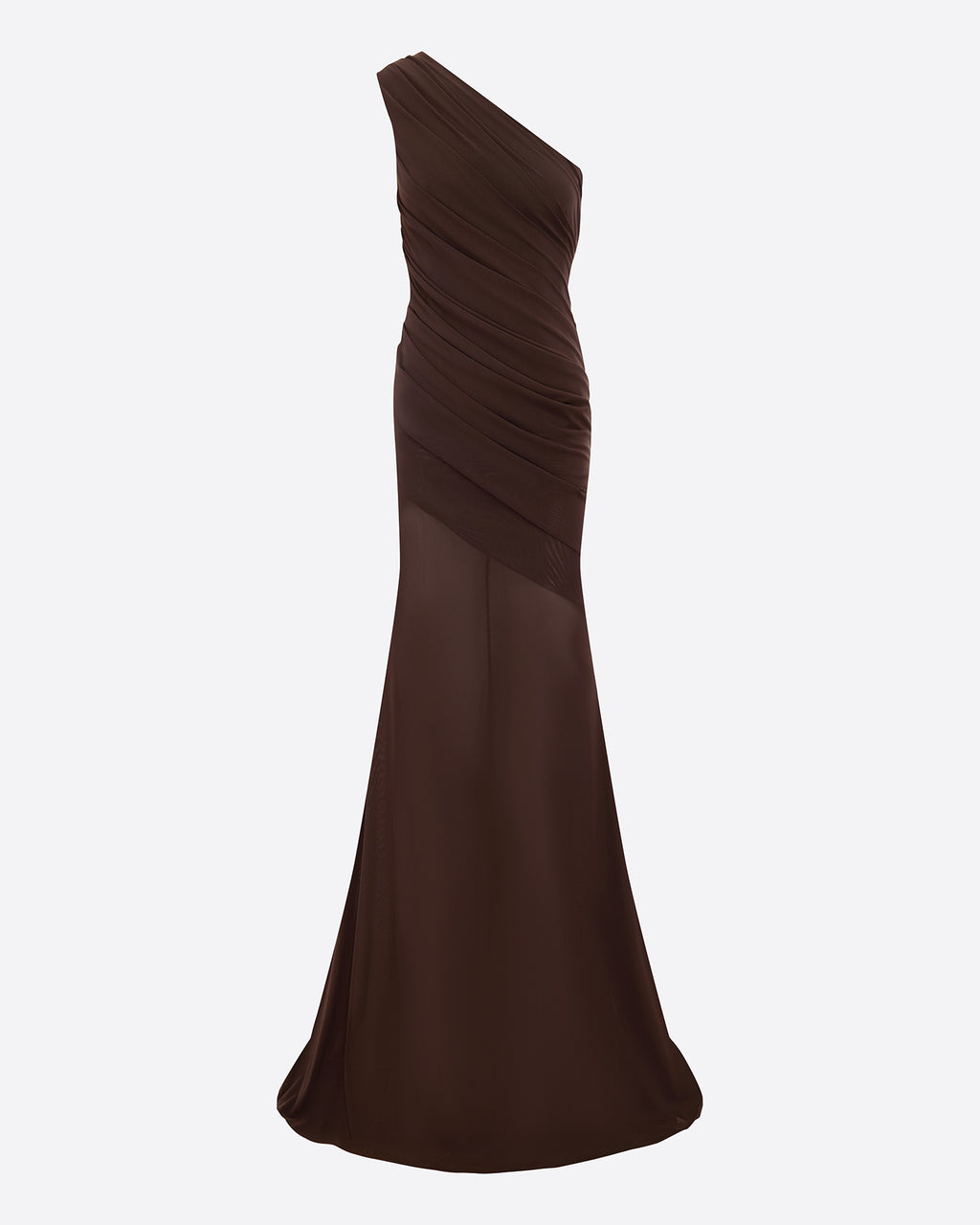 One Shoulder Tucked Gown in Stretch Mesh