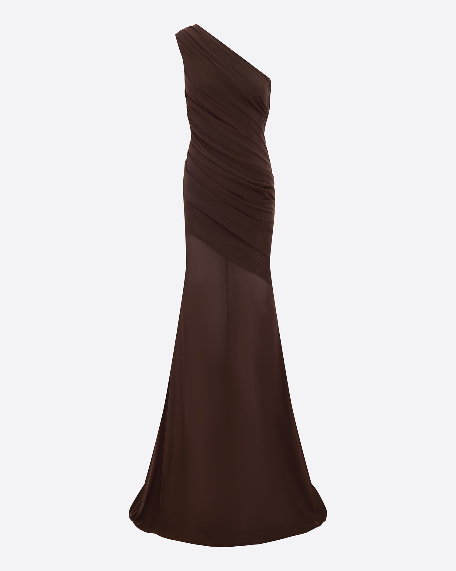 One Shoulder Tucked Gown in Stretch Mesh