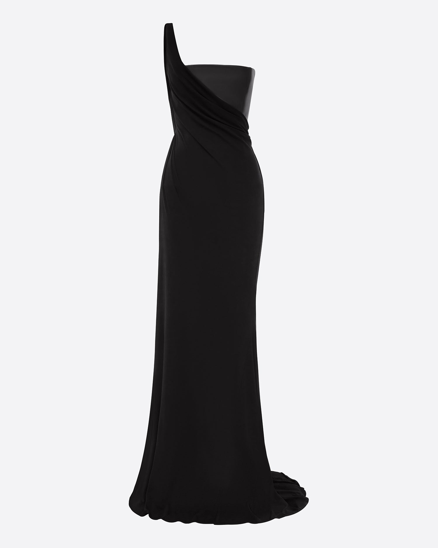 One Shoulder Asymmetric Gown in Leather & Jersey