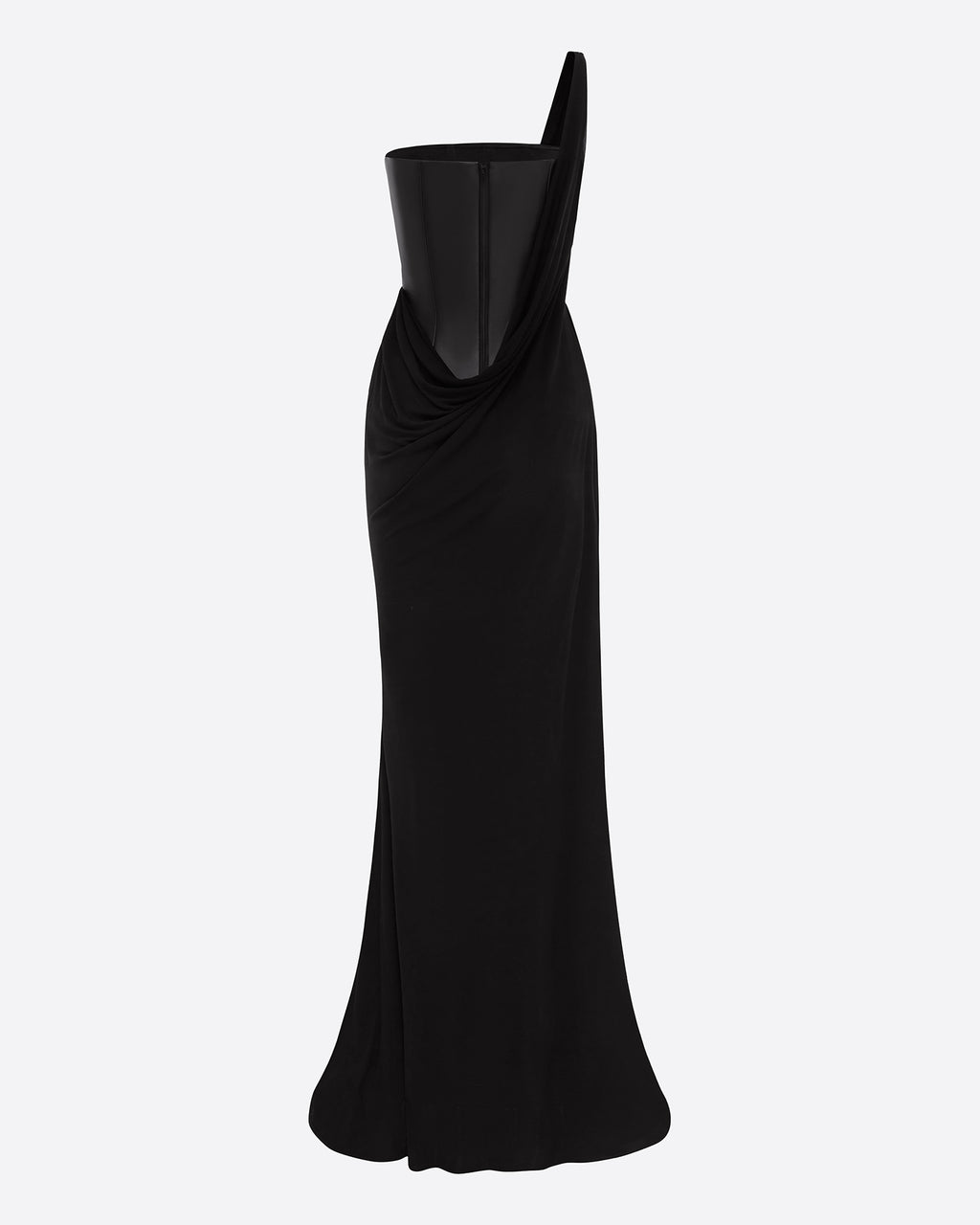 One Shoulder Asymmetric Gown in Leather & Jersey