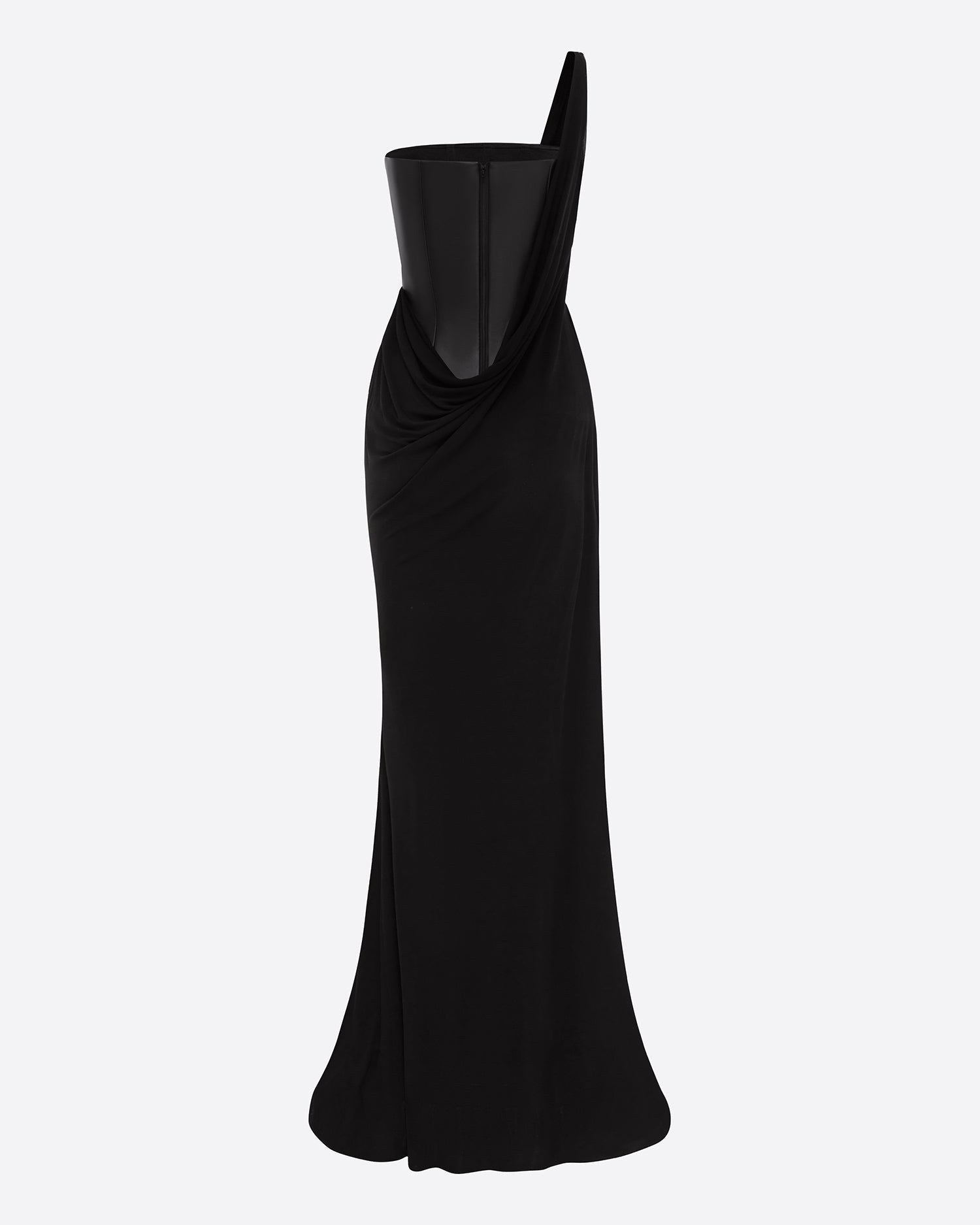 One Shoulder Asymmetric Gown in Leather & Jersey