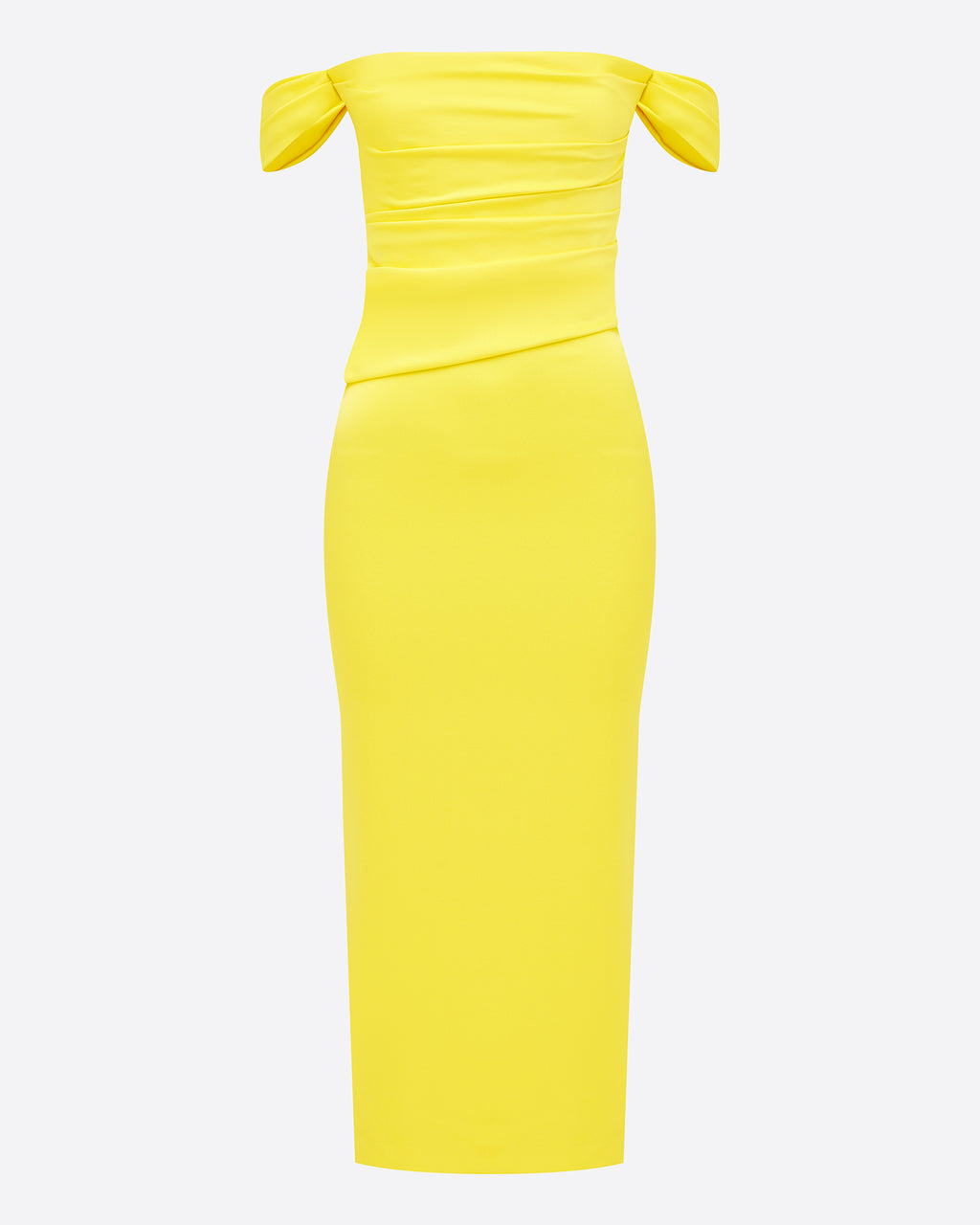 Off Shoulder Tucked Dress in Satin Crepe