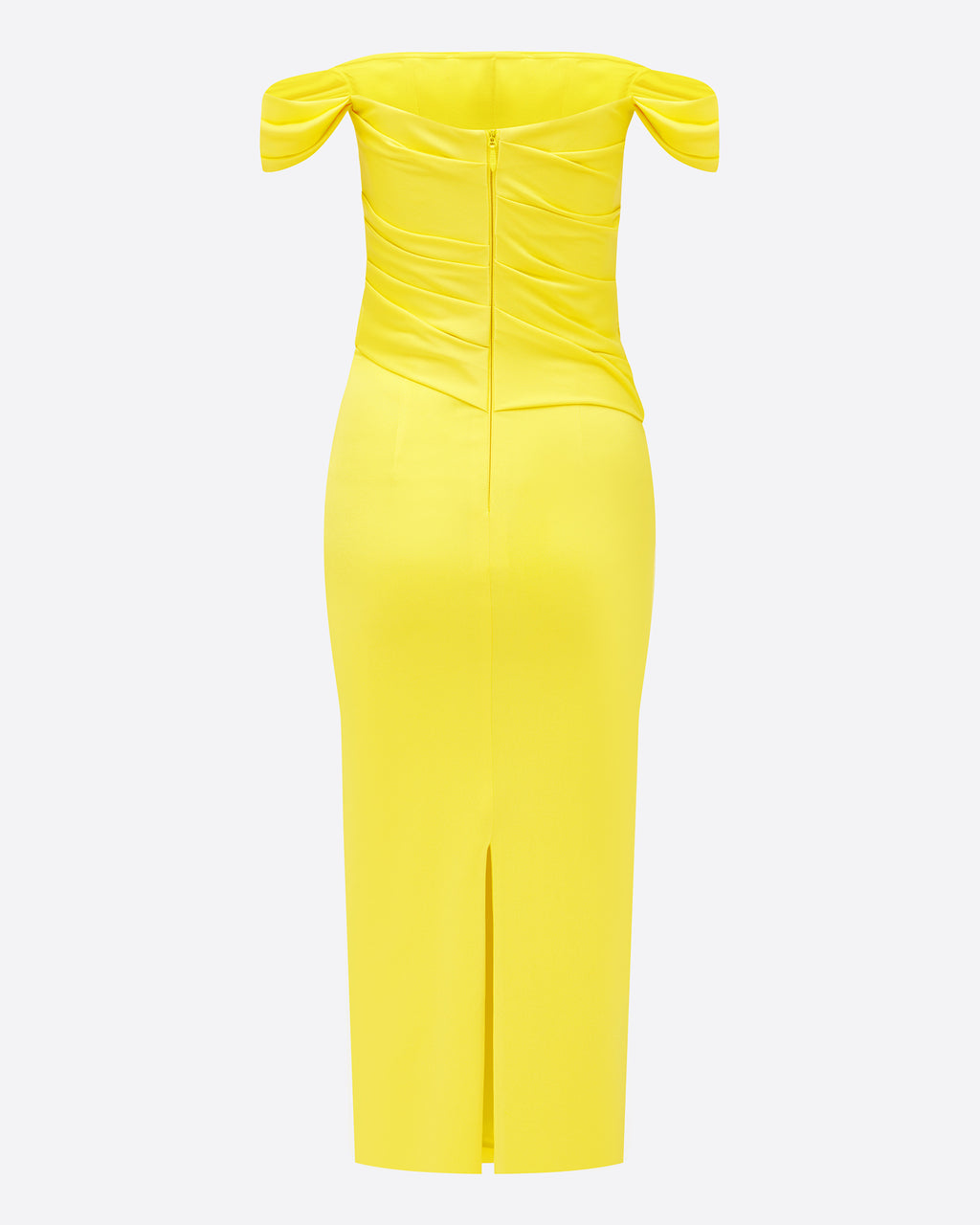 Off Shoulder Tucked Dress in Satin Crepe