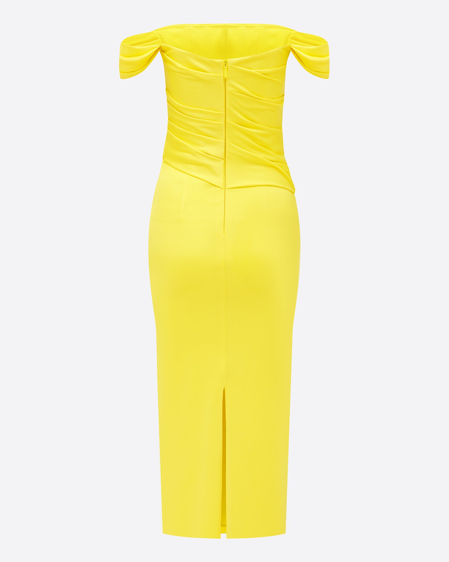Off Shoulder Tucked Dress in Satin Crepe